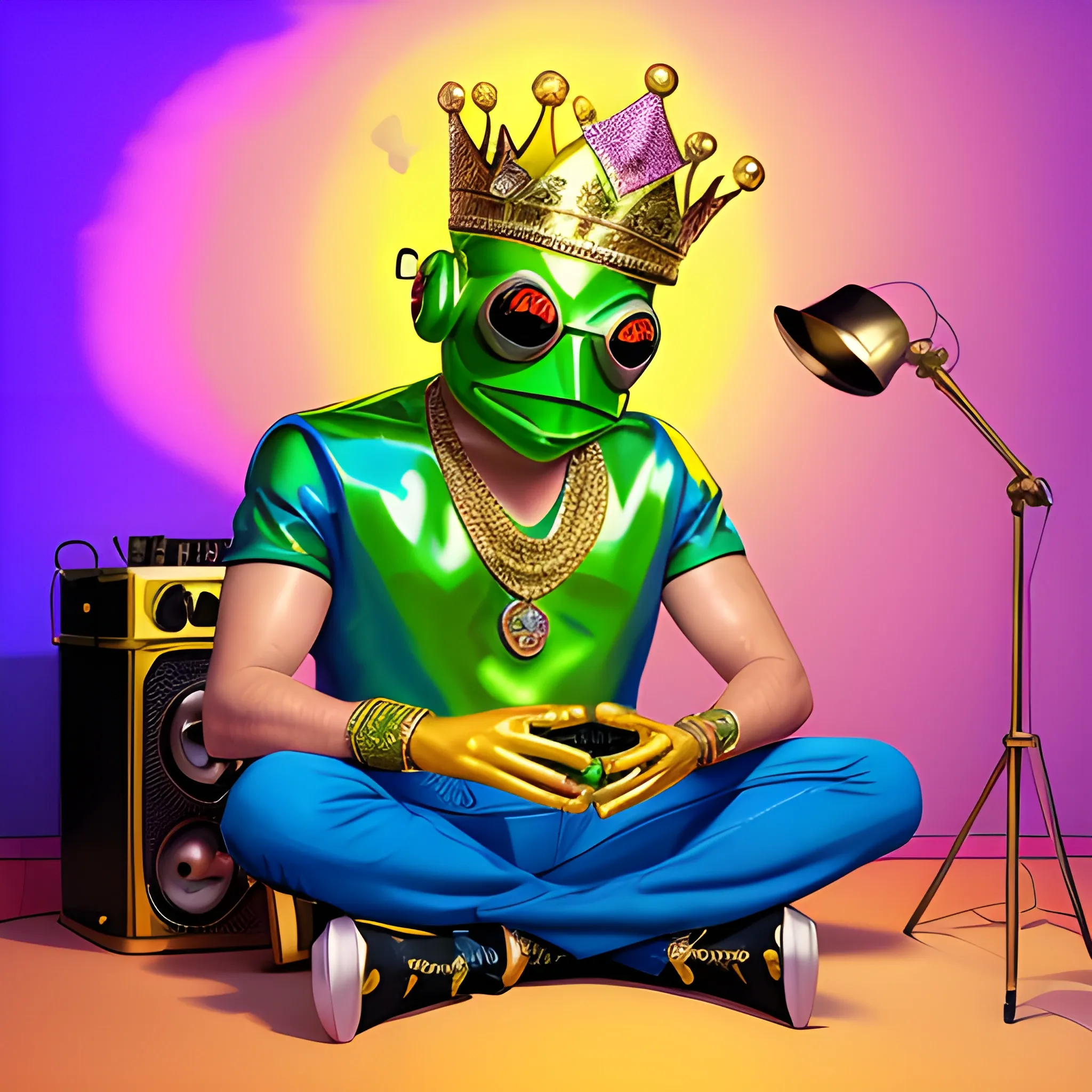 Man with a frog mask, green frog head with a gold crown with shiny diamonds on his head. The man looks like a Hispanic DJ in a recording studio sitting, in a warm, realistic tin, warm colors on the walls, LED light comes out. a=pink and blue colors super 4k
, Pencil Sketch