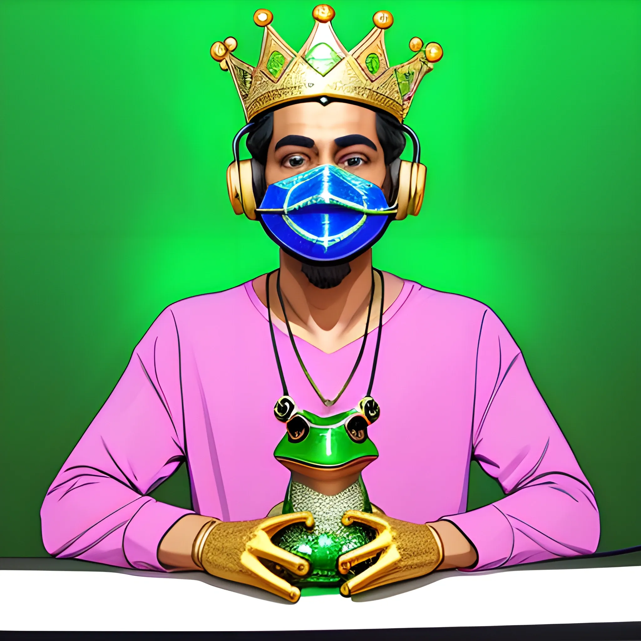 Man with a frog mask, green frog head with a gold crown with shiny diamonds on his head. The man looks like a Hispanic DJ in a recording studio sitting, in a warm, realistic tin, warm colors on the walls, LED light comes out. a=pink and blue colors super 4k
, Pencil Sketch, Cartoon