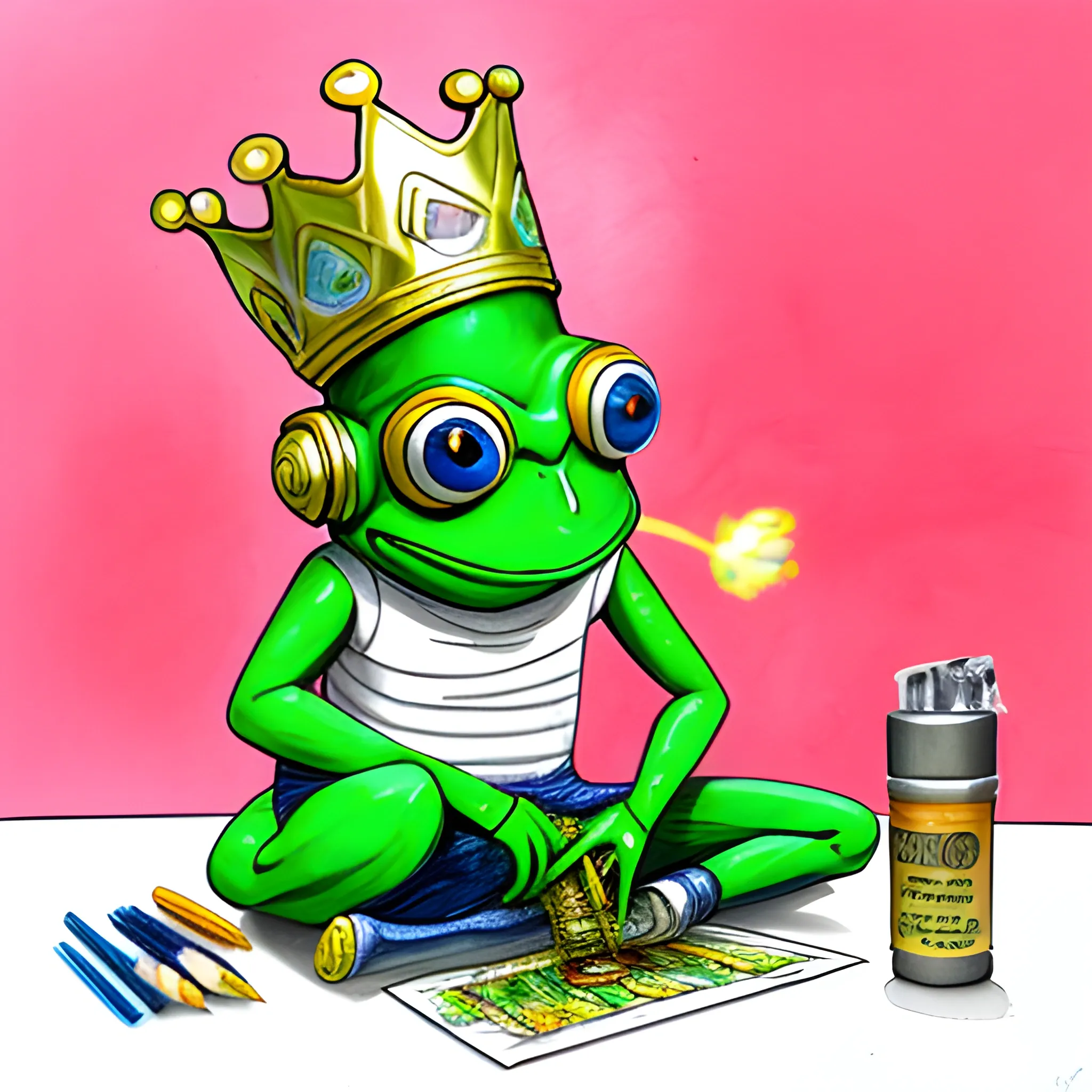 Man with a frog mask, green frog head with a gold crown with shiny diamonds on his head. The man looks like a Hispanic DJ in a recording studio sitting, in a warm, realistic tin, warm colors on the walls, LED light comes out. a=pink and blue colors super 4k
, Pencil Sketch, Cartoon, Pencil Sketch, Water Color, Oil Painting, Trippy, Cartoon, 3D, Pencil Sketch, Water Color, Trippy, Cartoon, 3D, Pencil Sketch, Water Color, Trippy, 3D, Pencil Sketch