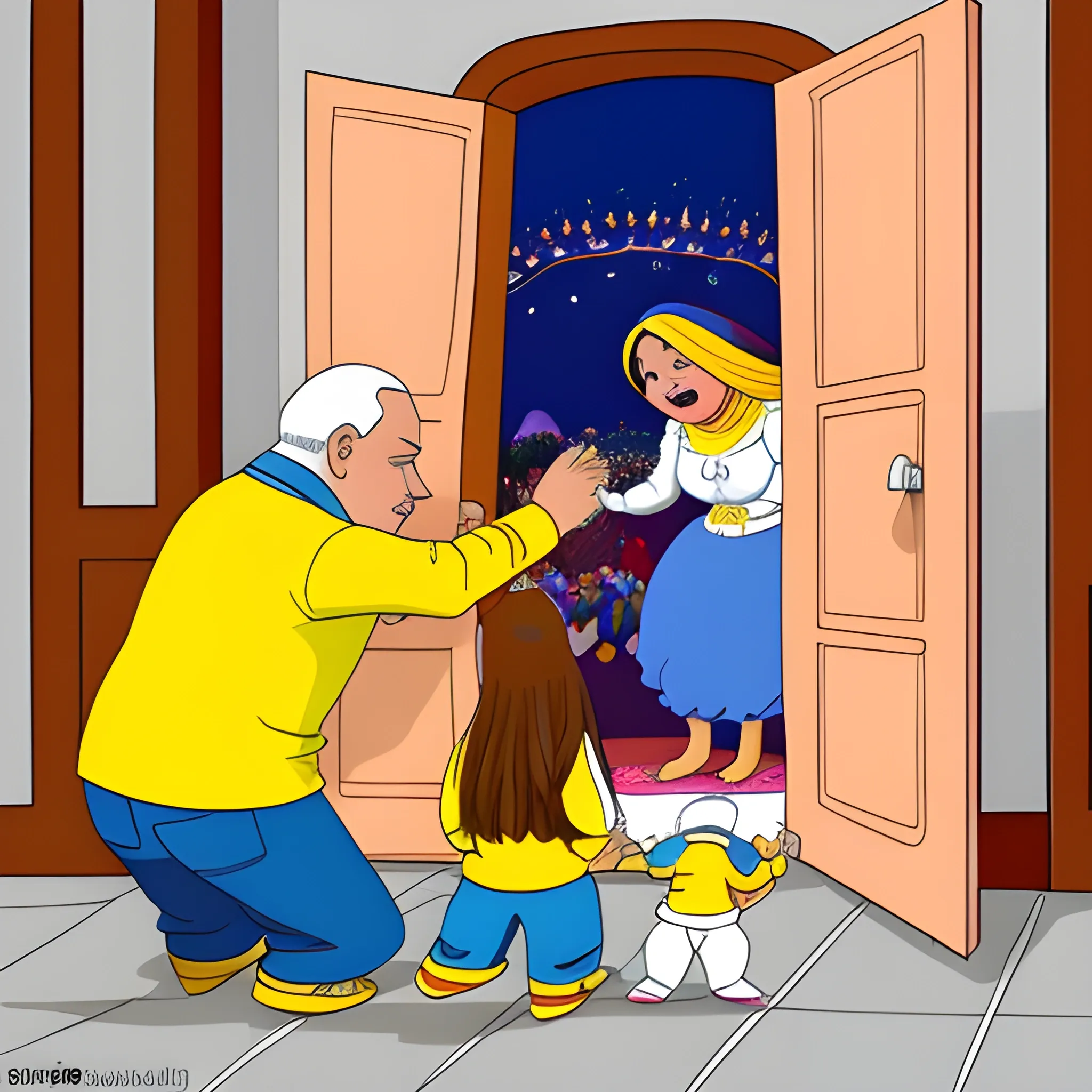 celebracion de fin de año de colombia en la que una 
persona pasando por la puerta de su habitacion  mientras estira la mano sosteniendo una papa marron mostrandolo a su familia , Cartoon