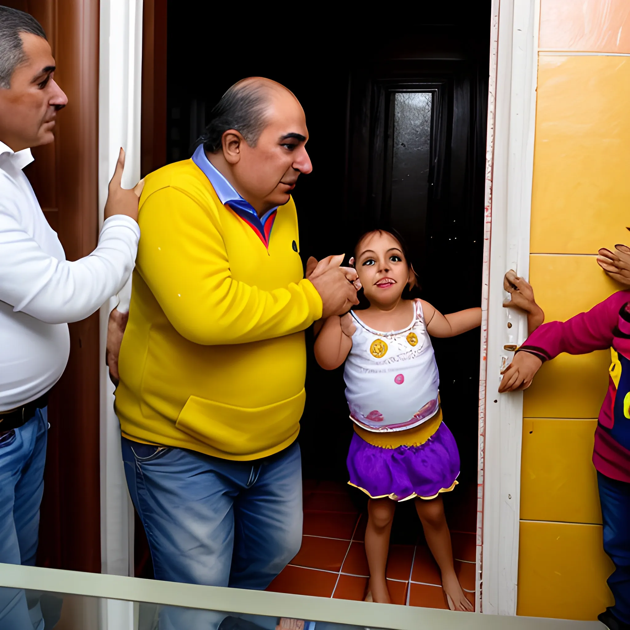 celebracion de fin de año de colombia en la que una 
persona pasando por la puerta de su habitacion  mientras estira la mano sosteniendo una papa marron mostrandolo a su familia 