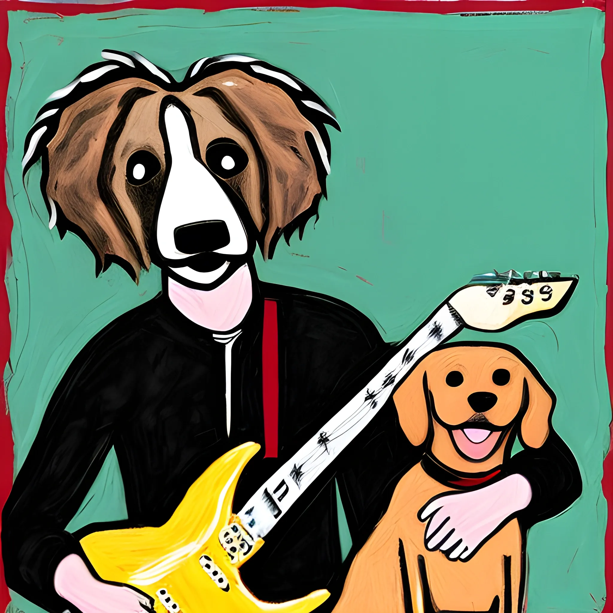 rock musician with dog head on scene, expressionism 