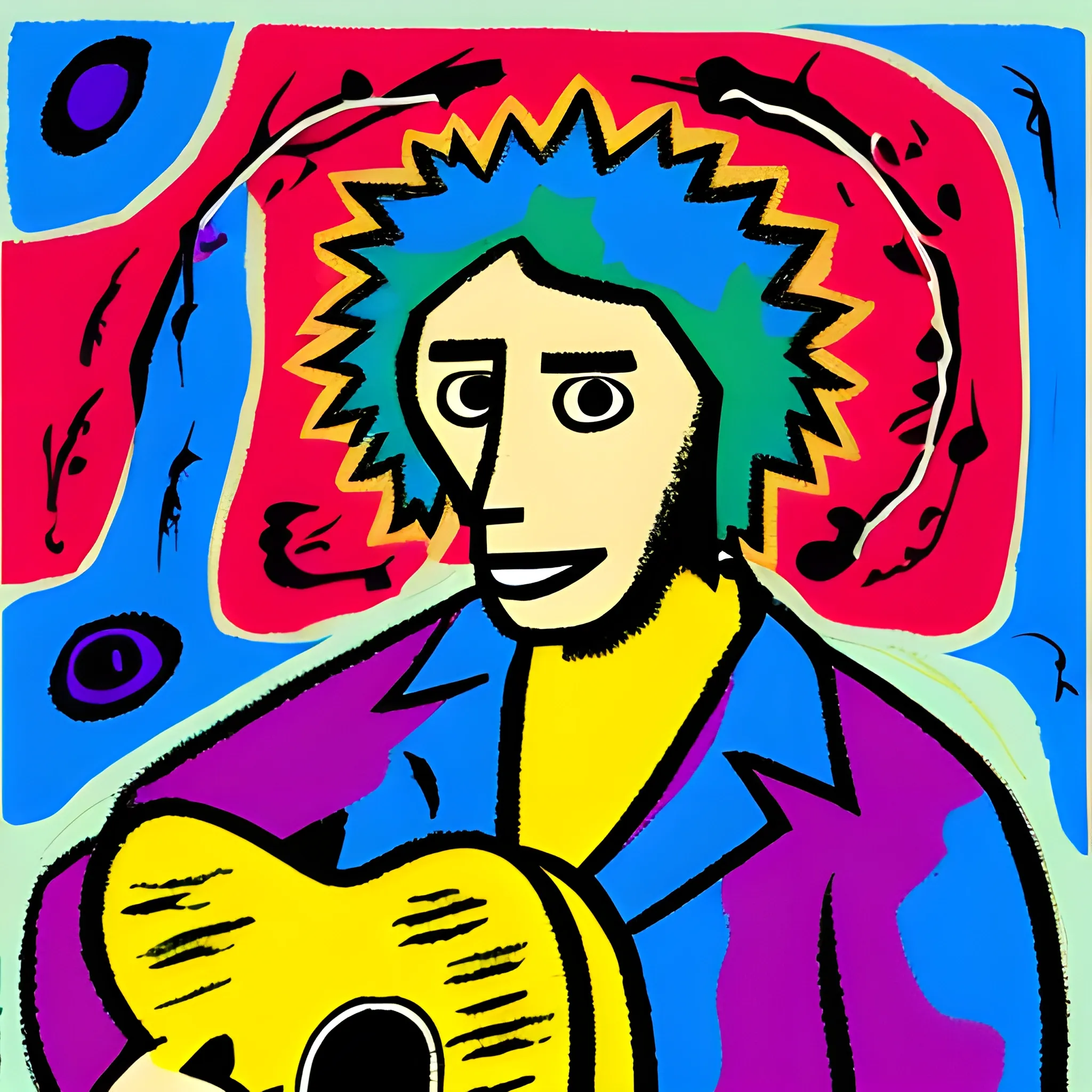 rock musician with dog head on scene, expressionism 