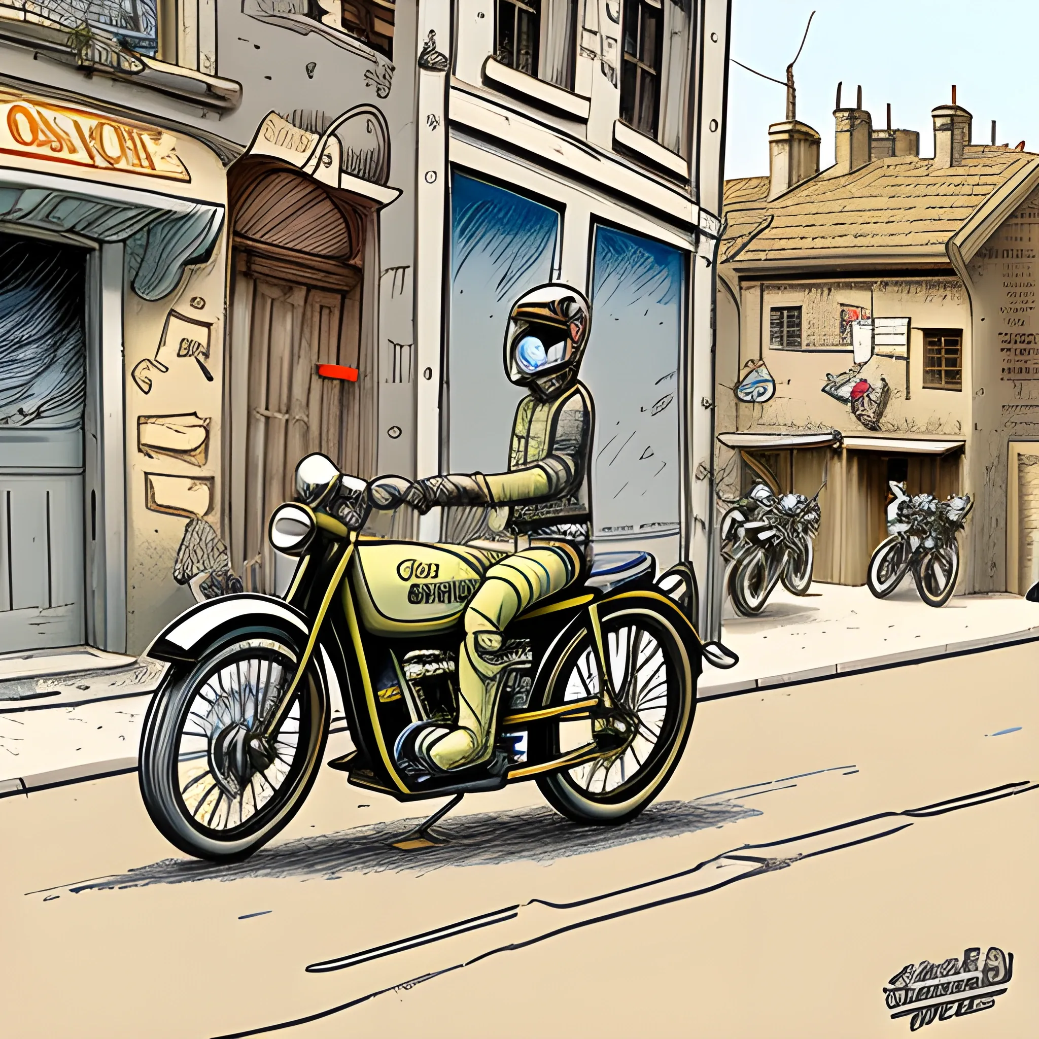 A motocicle 
Blind 
Street, Cartoon