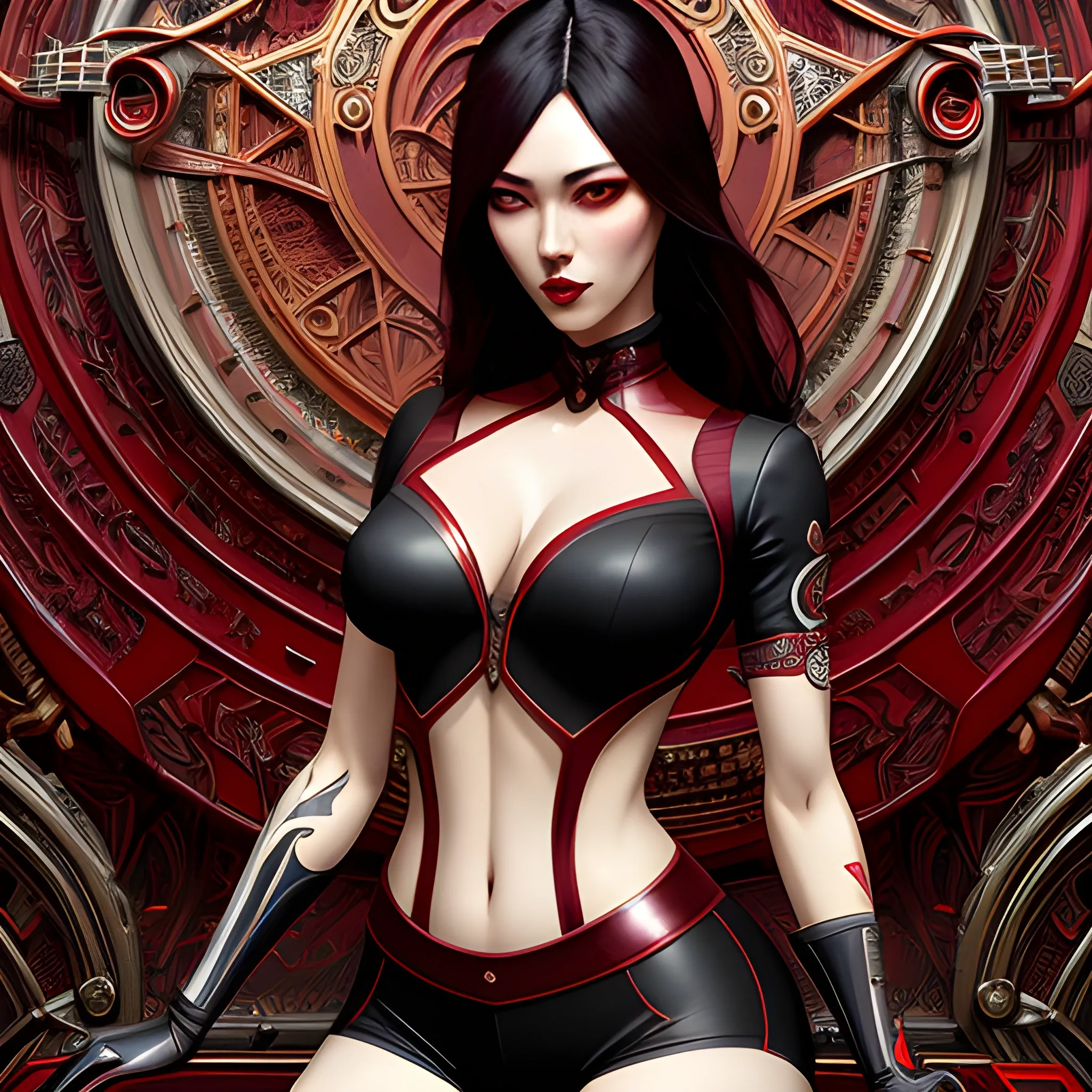 good looking. nice dolled gothic korean girl Suzy, tight lycra shorts, surrounded by red and silver art nouveau elements  in the background, high contrast, dark art  by Greg Rutkowski, intricate detail, intensive warm colors, hyper realistic, intricate detail