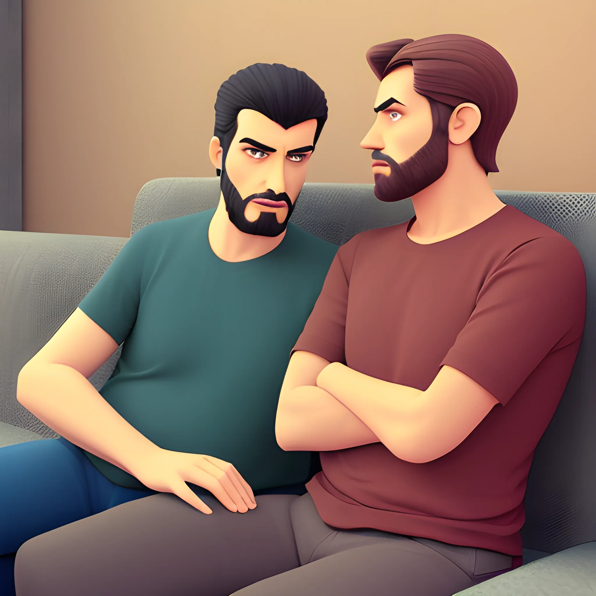 Two men sitting on the couch, one looking worried and the other listening to him, Cartoon, 3D