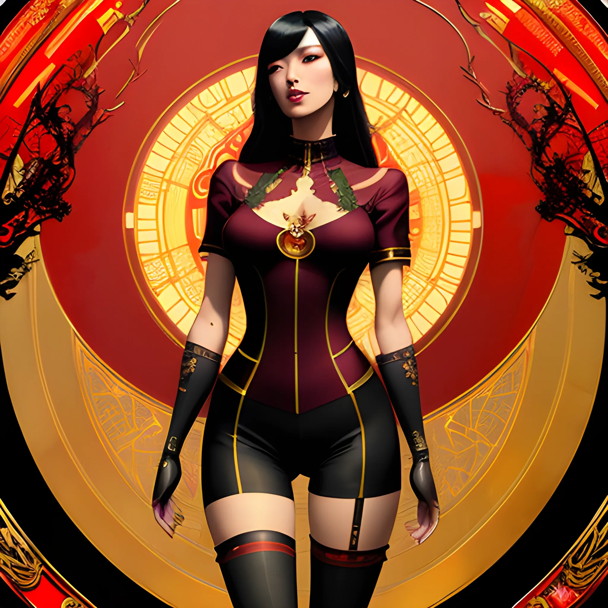 good looking. nice dolled gothic korean girl Suzy, tight lycra shorts, over-the-knee socks, surrounded by  red and gold art nouveau elements  in the background, high contrast, dark art  by Greg Rutkowski, intricate detail, intensive warm colors, hyper realistic, intricate detail