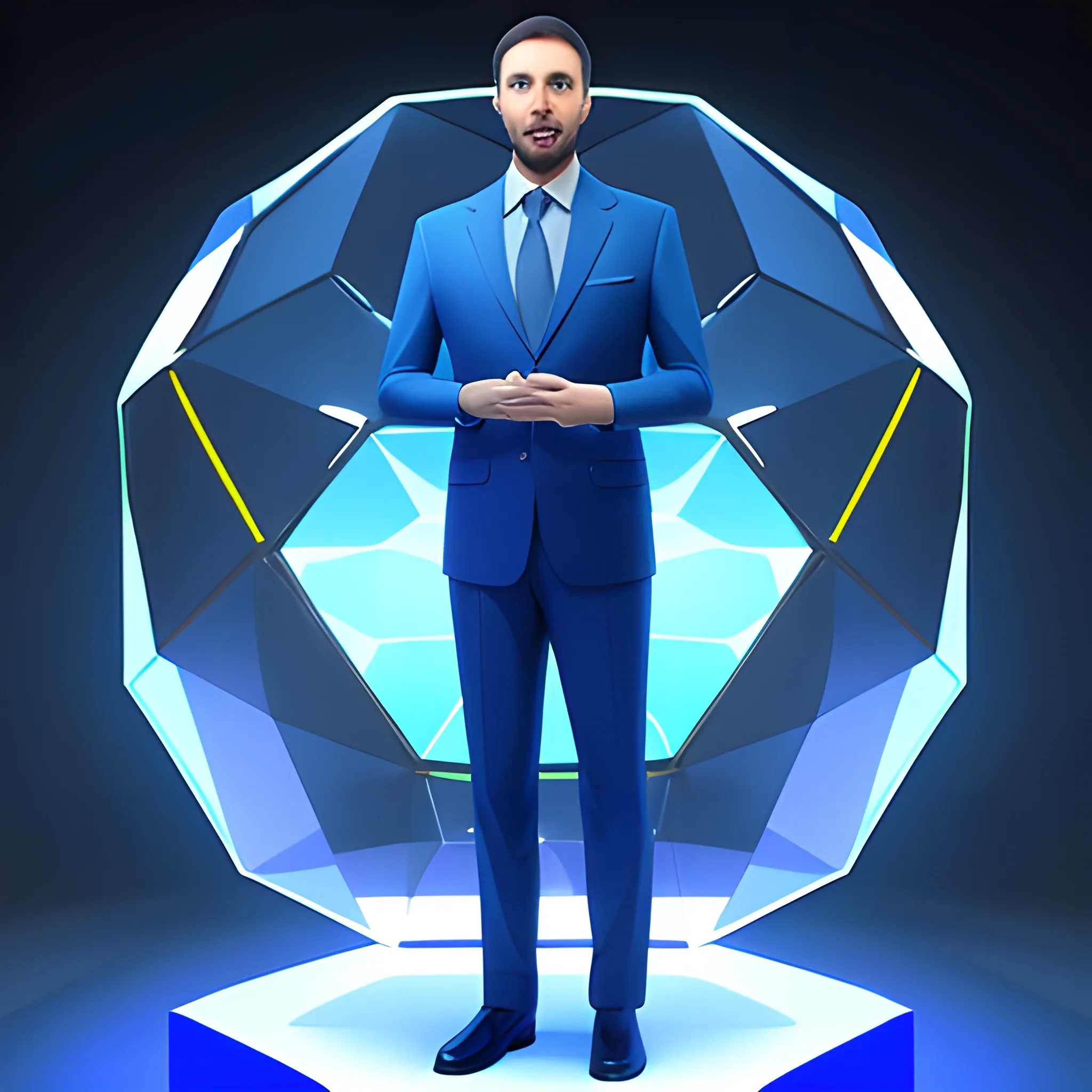 A full body suited man thanking, looking from a floating low polygon sphere, in a server environment, with blue monitor lighting