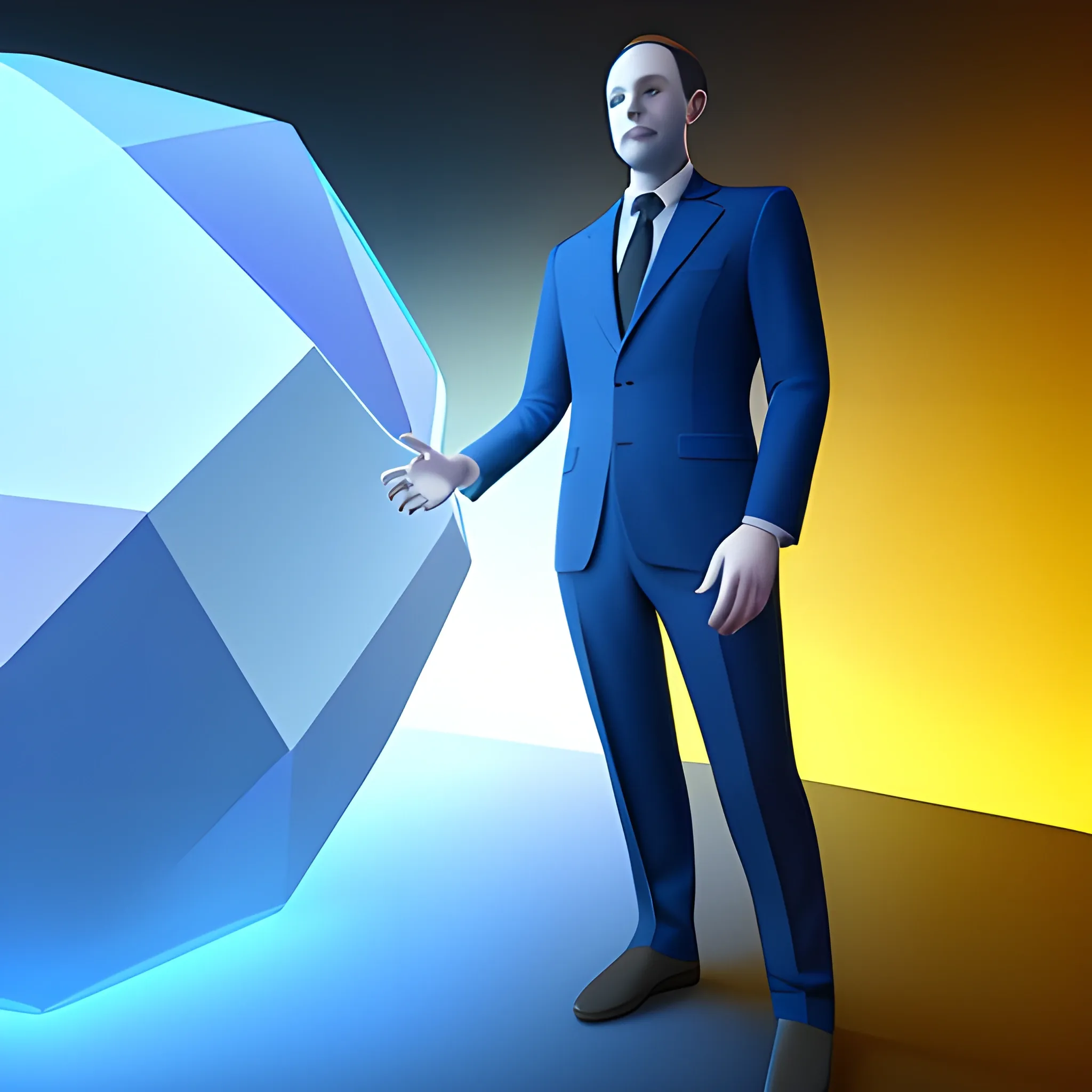 A full body suited man thanking, looking from a floating low polygon sphere, in a server environment, with blue monitor lighting