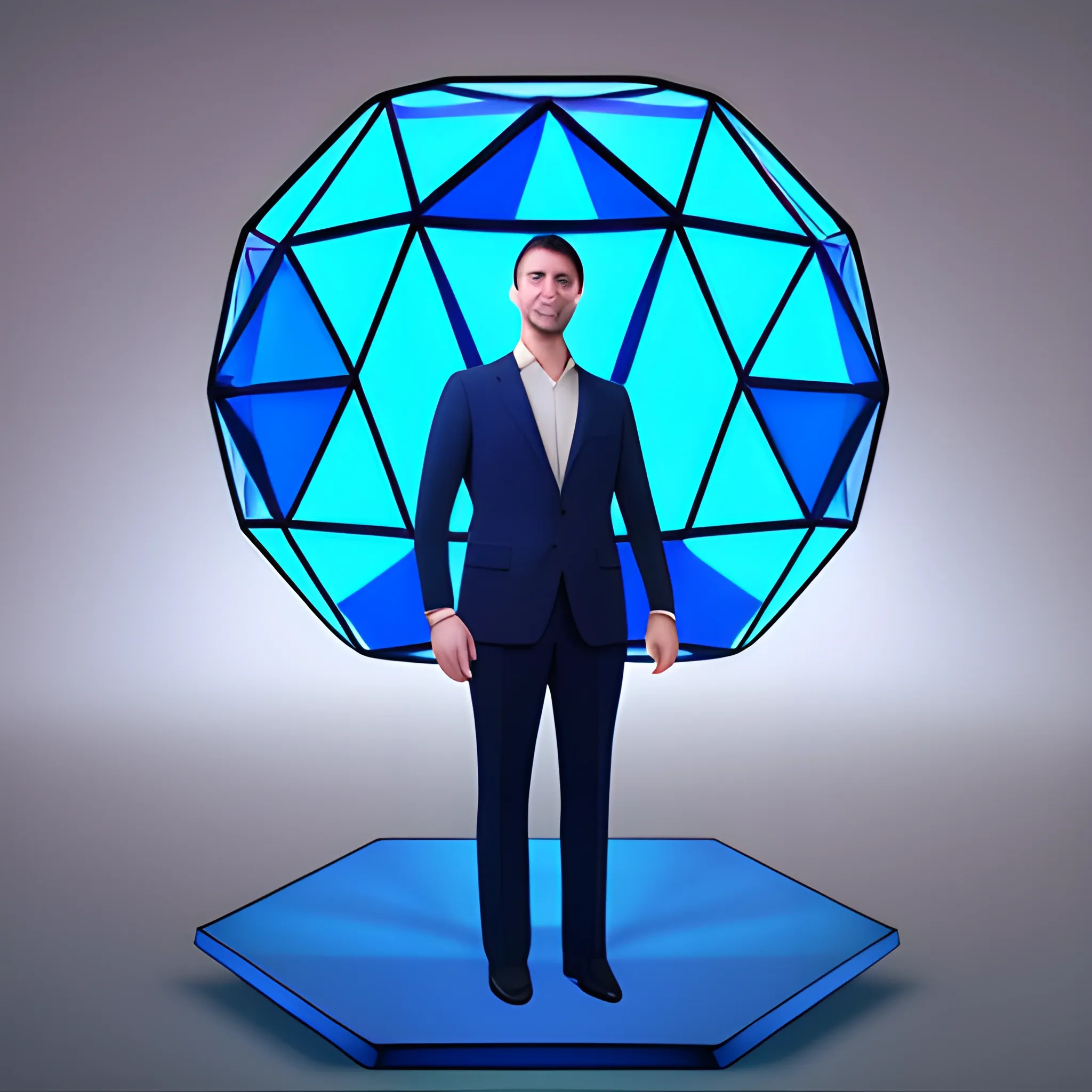 A full body suited man thanking, looking from a floating low polygon sphere, in a server environment, with blue monitor lighting