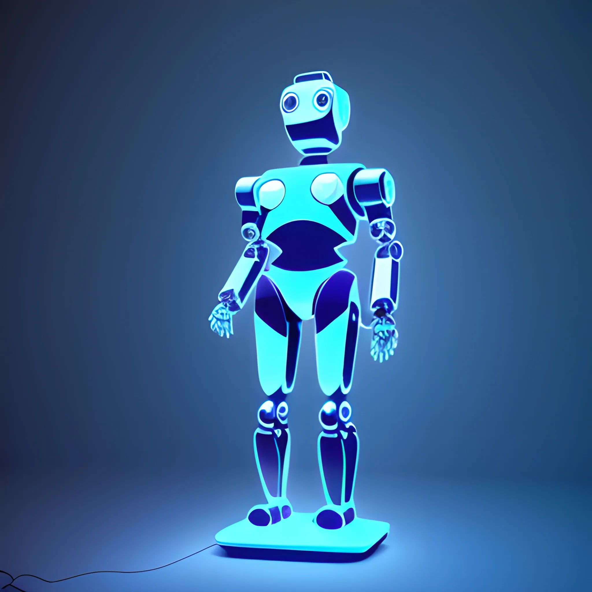 A full body suited robot thanking, looking from a floating low polygon sphere, in a server environment, with blue monitor lighting