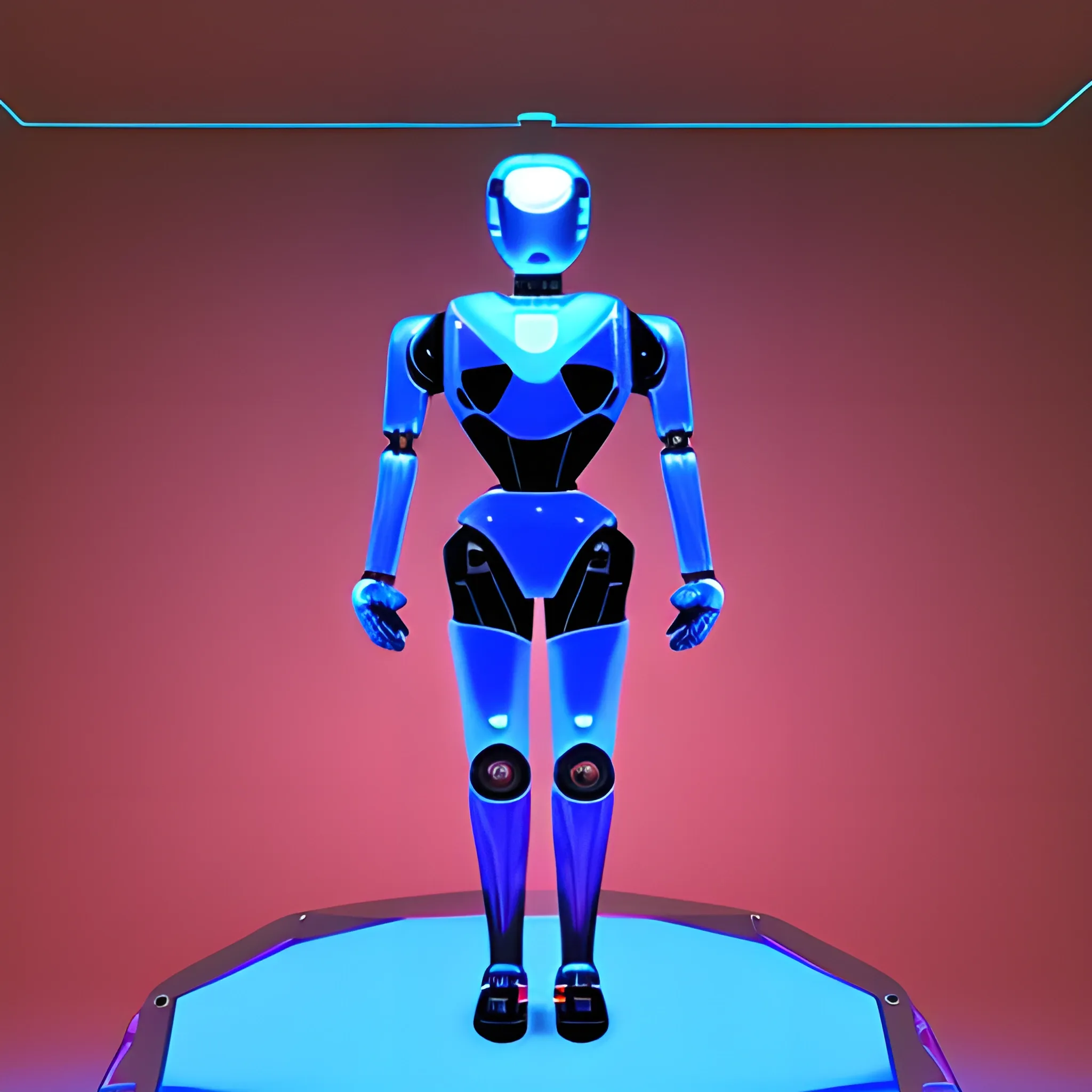 A full body suited robot thanking, looking from a floating low polygon sphere, in a server environment, with blue monitor lighting