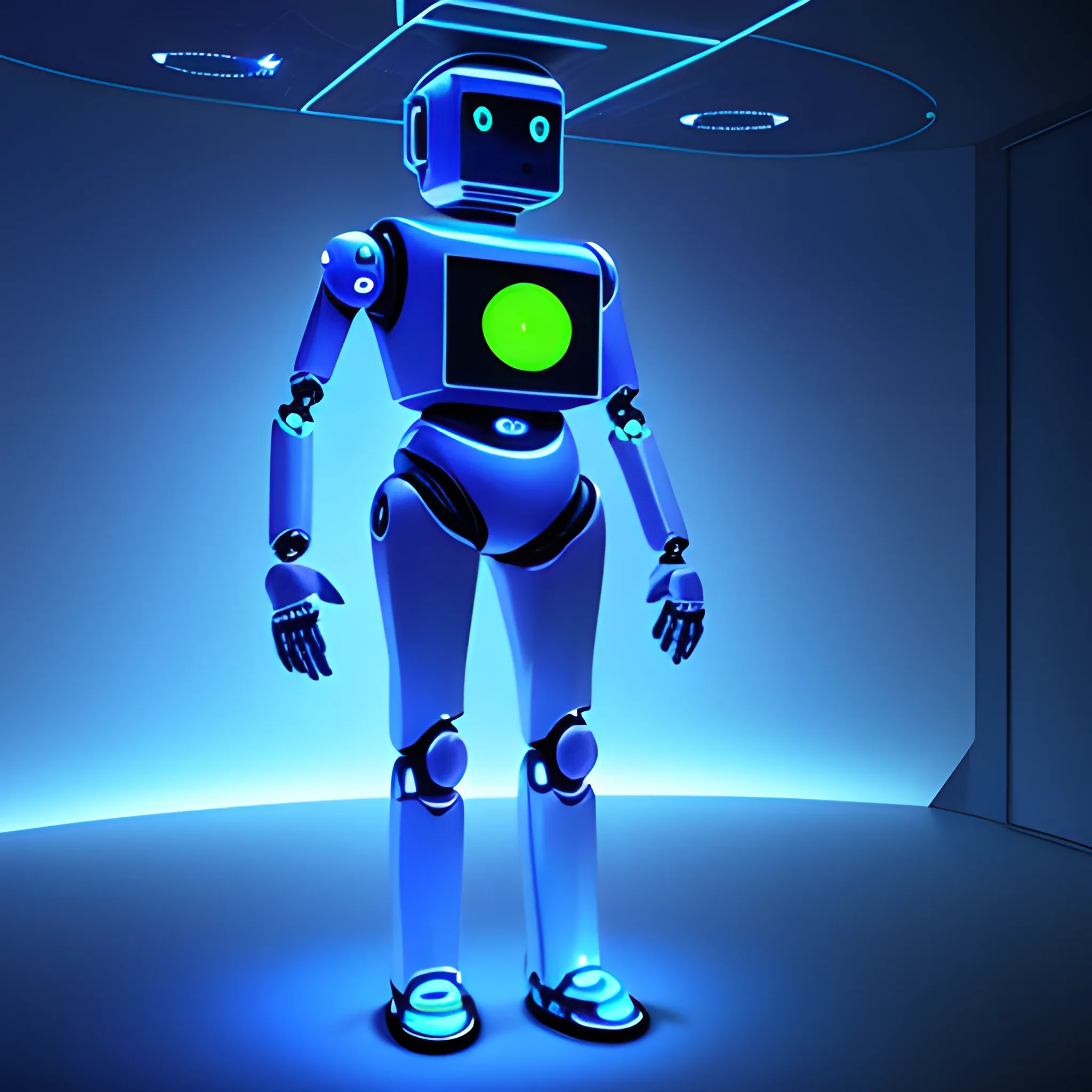 A full body suited robot thanking gesture, looking from a floating low polygon sphere, in a server environment, with blue monitor lighting