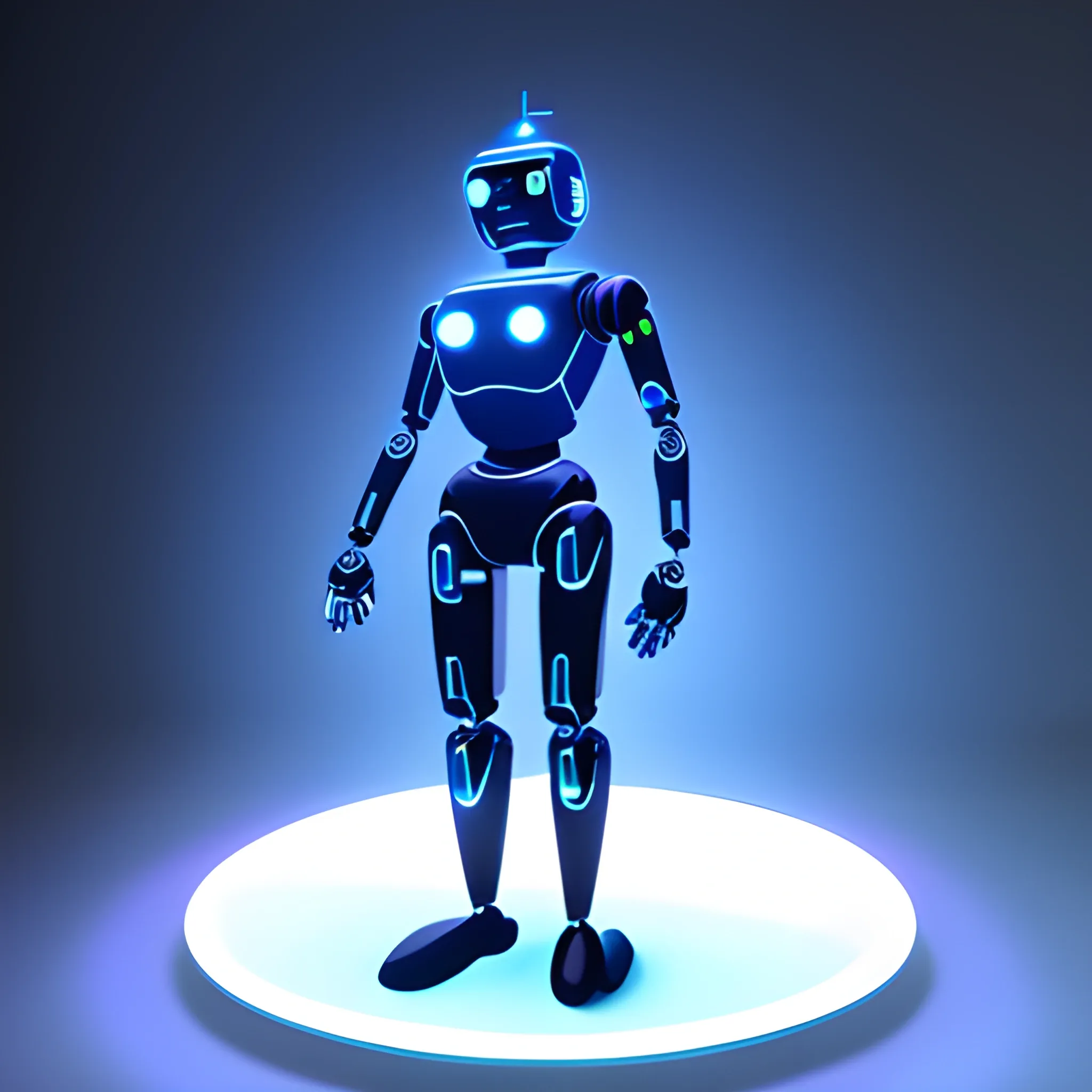 A full body suited robot thanking gesture, looking from a floating low polygon sphere, in a server environment, with blue monitor lighting