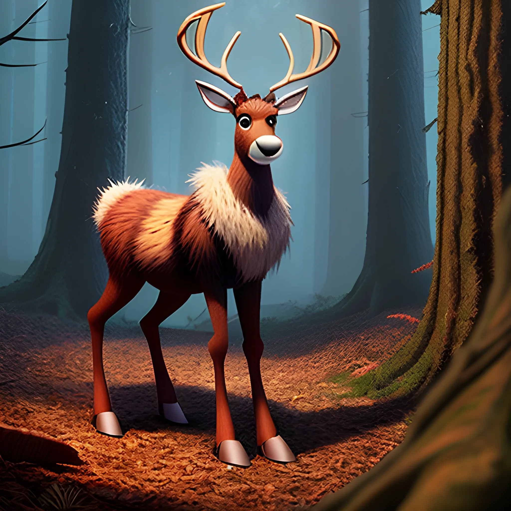 a pixar of a little reindeer in the woods