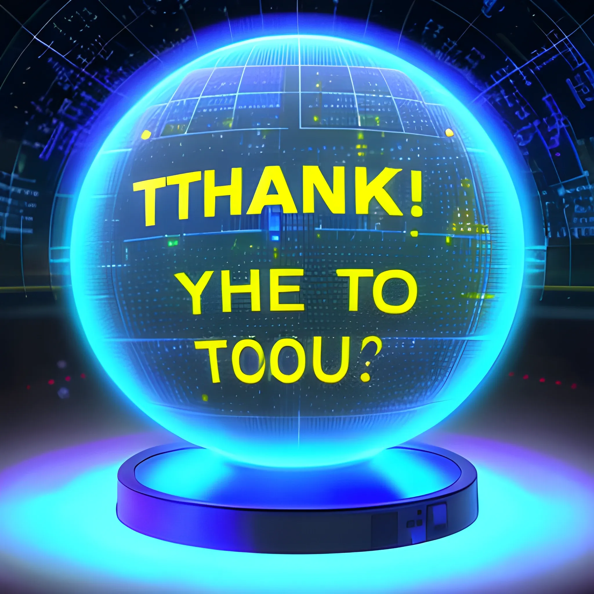 Thank you message in Spanish, in a holographic environment projected on a sphere, in a server environment, with blue monitor lighting