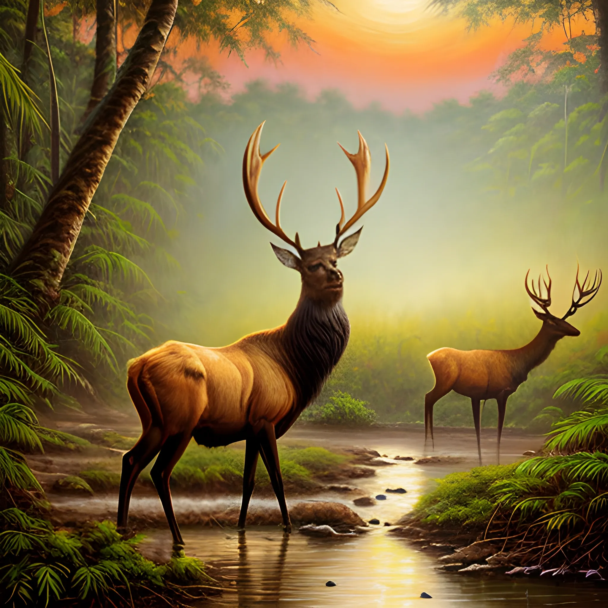 Elk in the jungle, warm tones at dusk, realistic oil painting style, Oil Painting