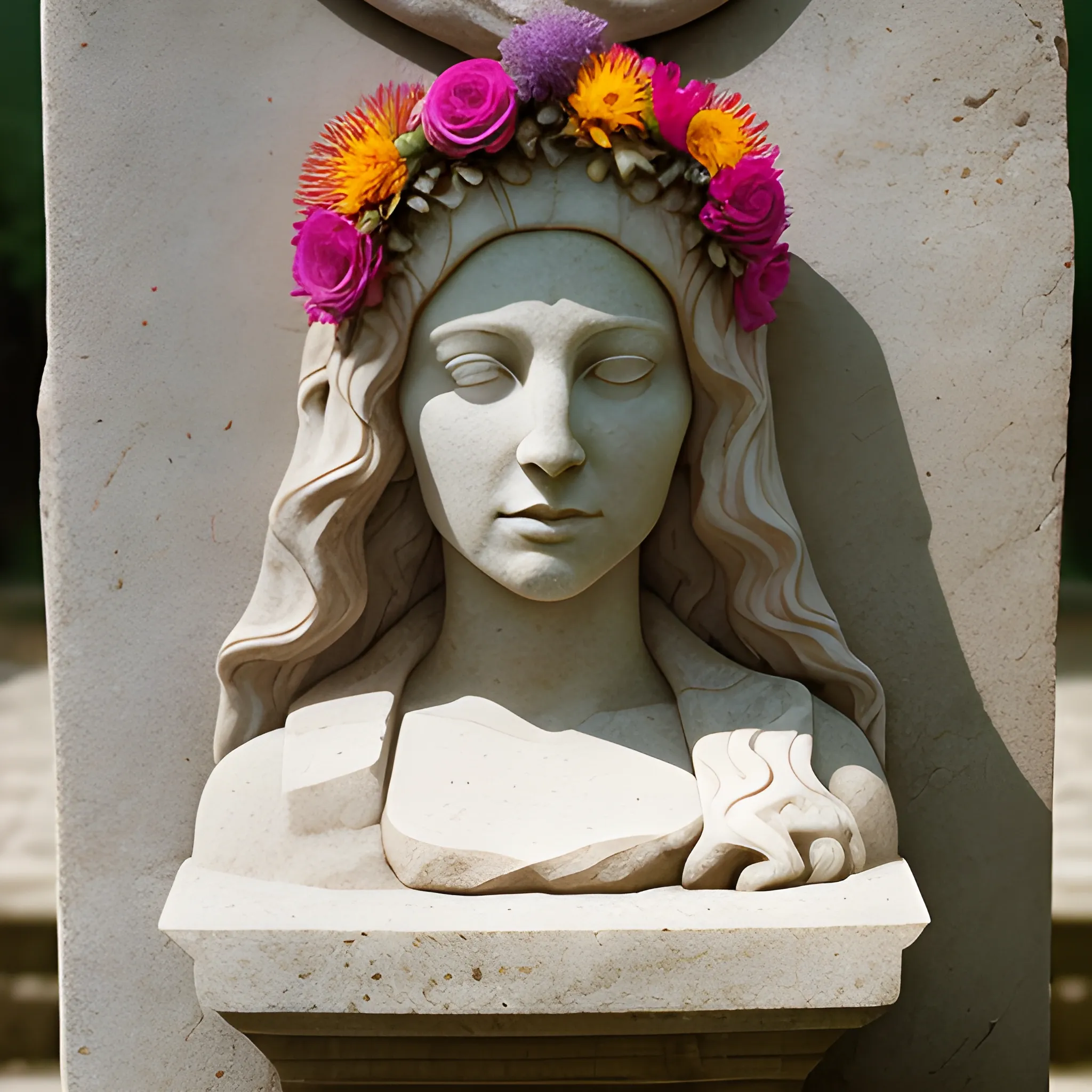 Female portrait in stone, altar, flowers, bold colors