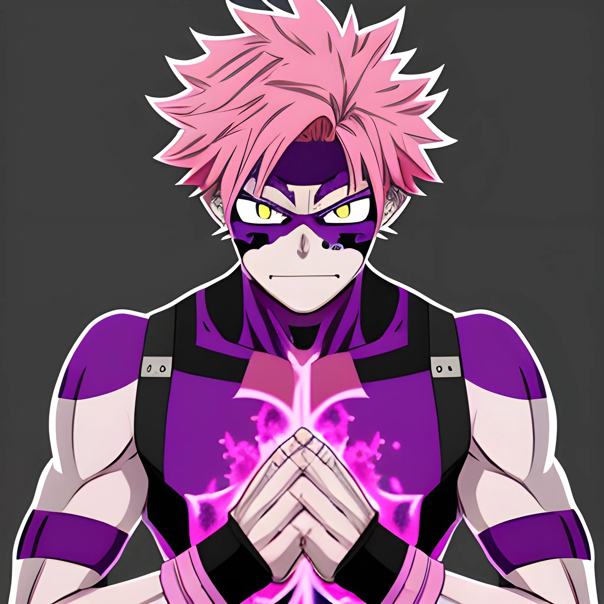 my hero academia male oc with Pink hair and purple eyes and bones coming out of hands hands looking melancholic