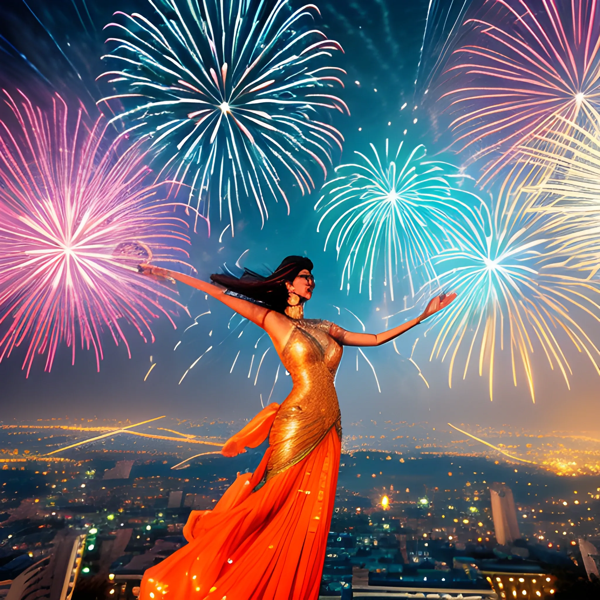 Glowing lights over Indian city, a Indian girl in weightlessness, a dress is developing, the wind, sparkles, and fantasy elements jarbres on her neck, the light of soloists, multicolored fireworks around, bokeh,sparkling, splendid, colorful, magical photography, dramatic lighting, photo realism, ultra - detailed, 4k, Depth of field, High - resolution