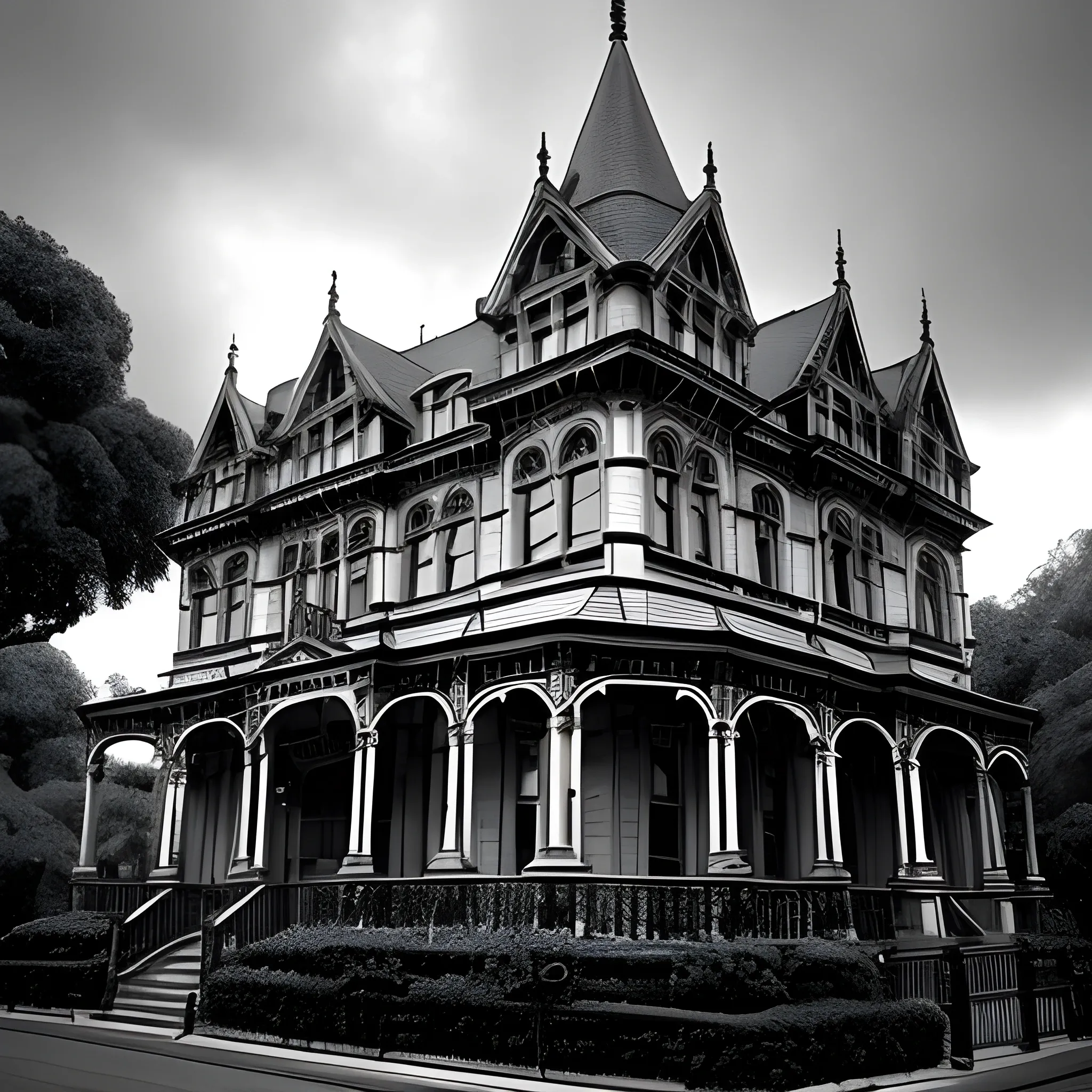 Some arms and legs of a beast come out of the windows and doors of an emblematic Victorian-style building in the middle of a gloomy and dark Victorian city. In front of the Victorian building, there is the building's own garden with century-old trees, beautiful flowers and well-kept trees, Cartoon, black and white, not blurry, HD