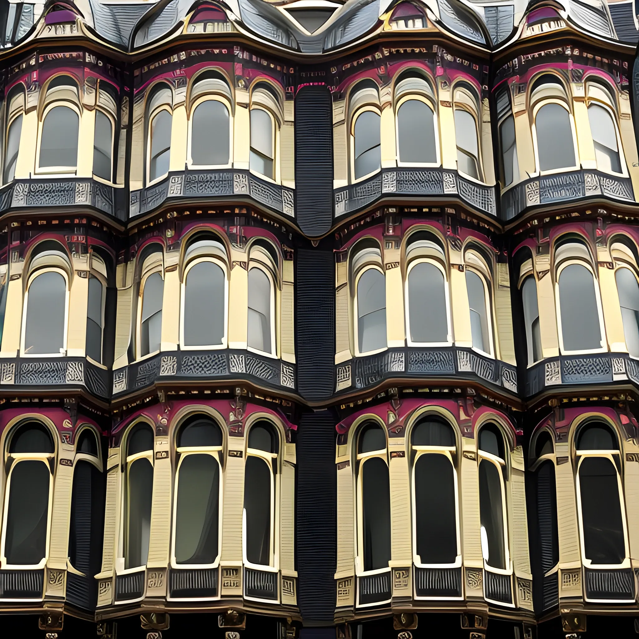 Some arms and legs of a beast come out of the windows and doors of an emblematic Victorian-style building.