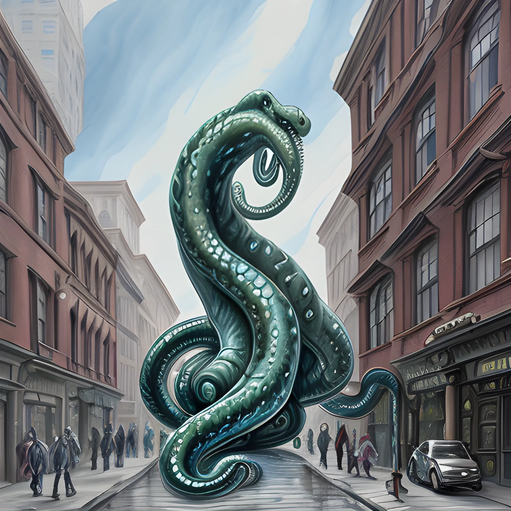 A shapeless, serpentine beast full of tentacles emerges from the buildings of a Victorian city., Cartoon, Pencil Sketch, Oil Painting, Water Color, 3D