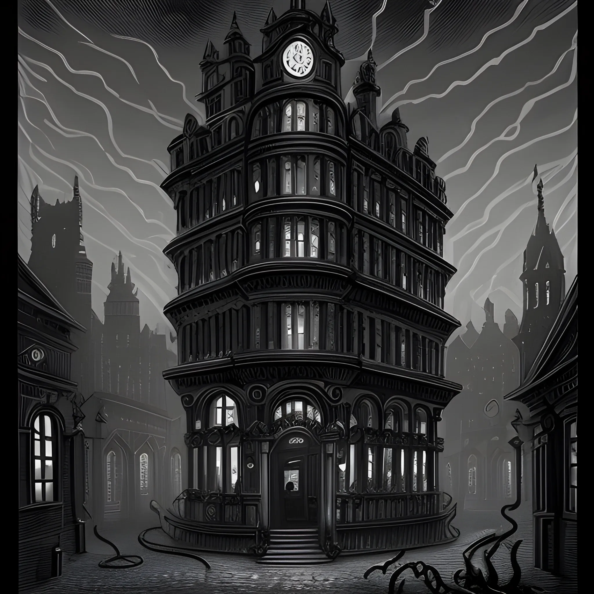 A shapeless, serpentine beast full of tentacles emerges from the buildings of a dark Victorian city.