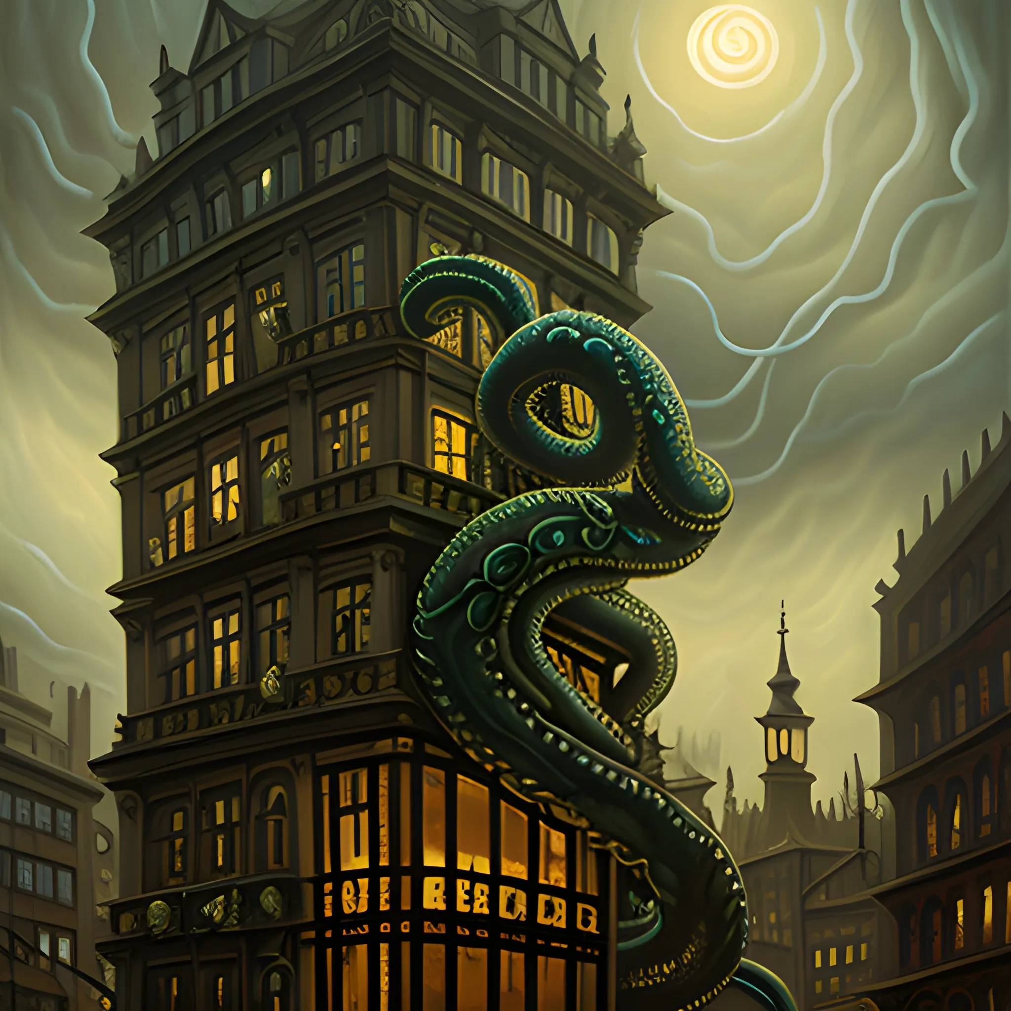 A shapeless, serpentine beast full of tentacles emerges from the buildings of a dark Victorian city., Oil Painting