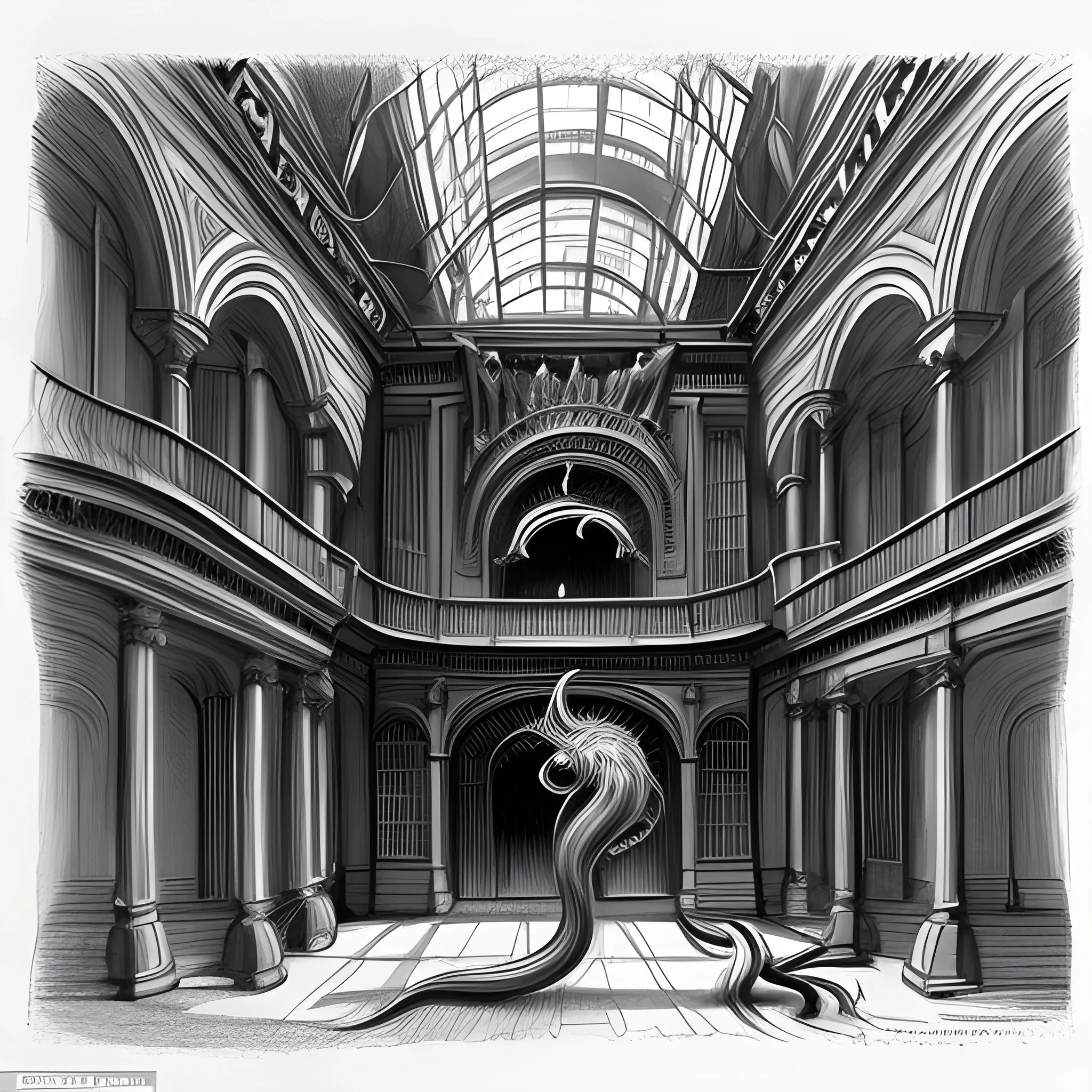 An amorphous, shapeless animal beast full of long arms and tails emerges from a large Victorian building in a dark Victorian city., Pencil Sketch