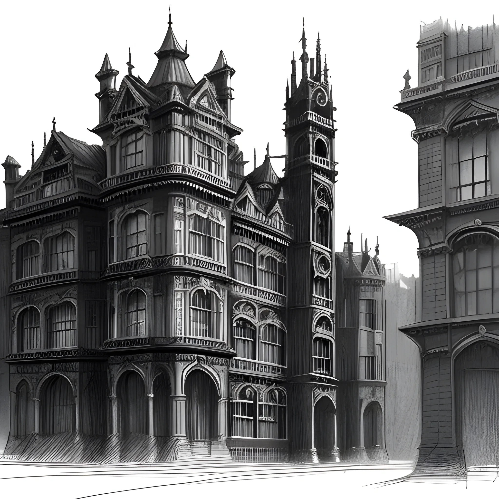 An amorphous, shapeless animal beast full of long arms and tails emerges from a large Victorian building in a dark Victorian city., Pencil Sketch