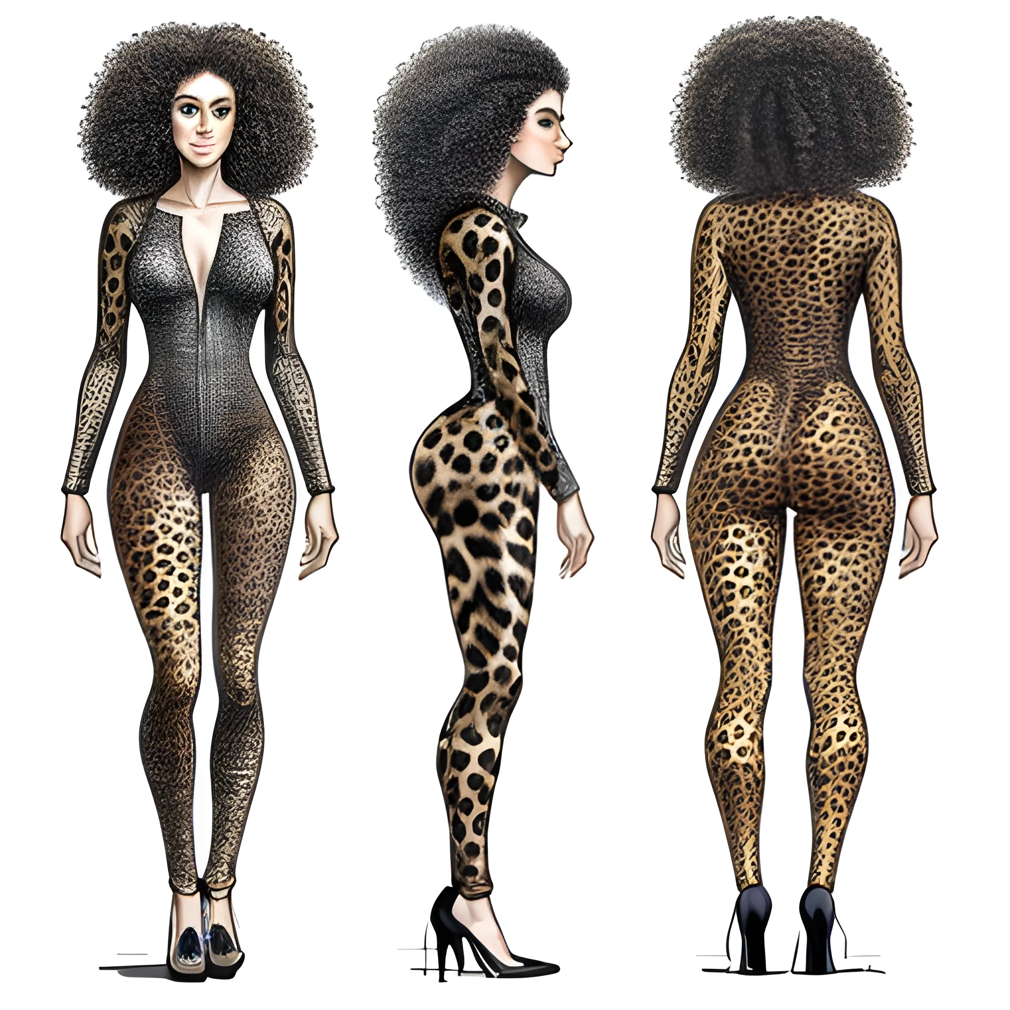 , Pencil Sketch detailed, full body, multiple shot from front and side, A daring and adventurous woman, curly, hair,  She wears a custom-designed, tan and black bodysuit, its pattern mimicking the cheetah's coat, Pencil Sketch