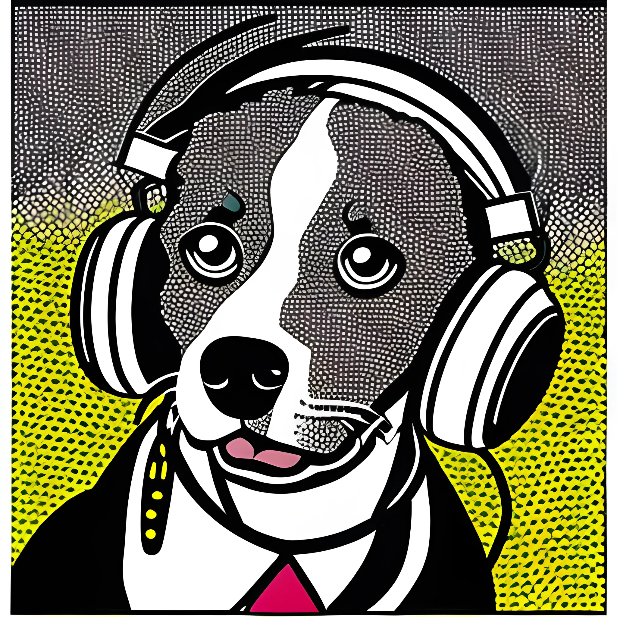 Dog with headphones, raster, no closeup, by Roy Lichtenstein