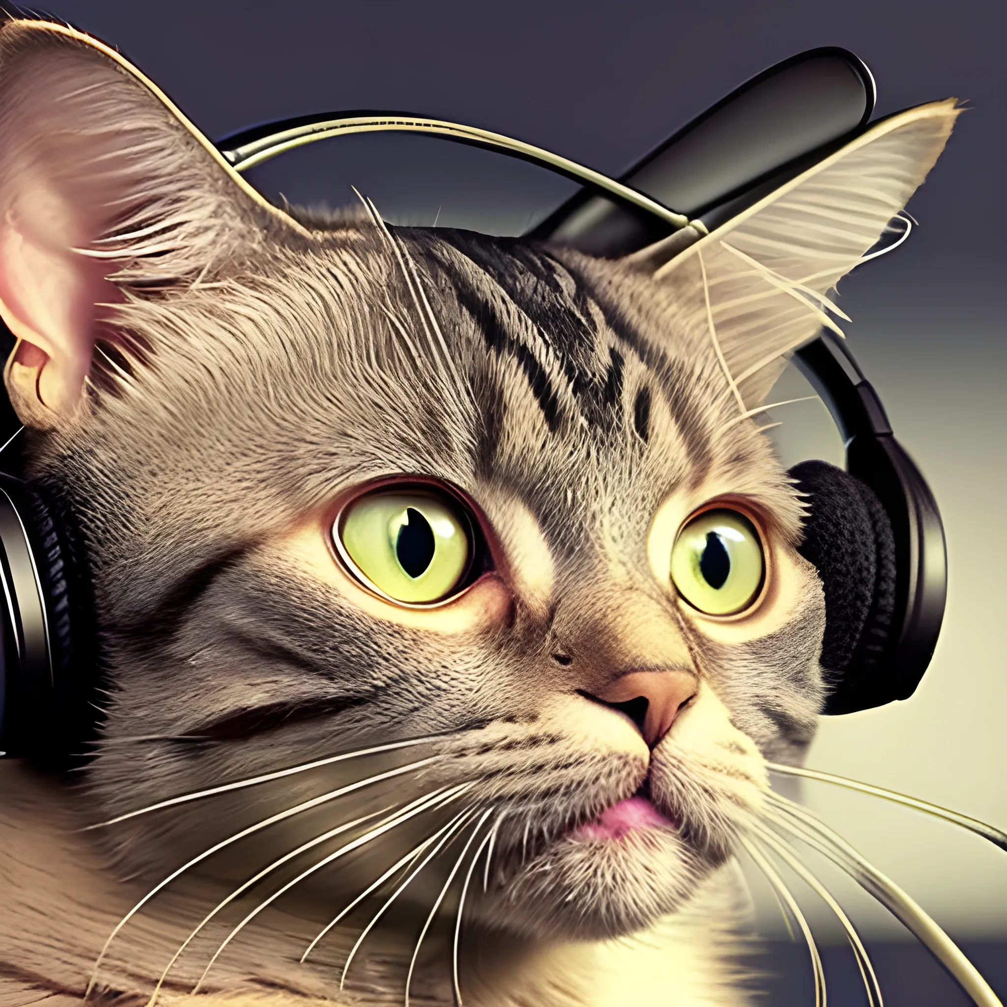 cat with headphones, raster, old photo