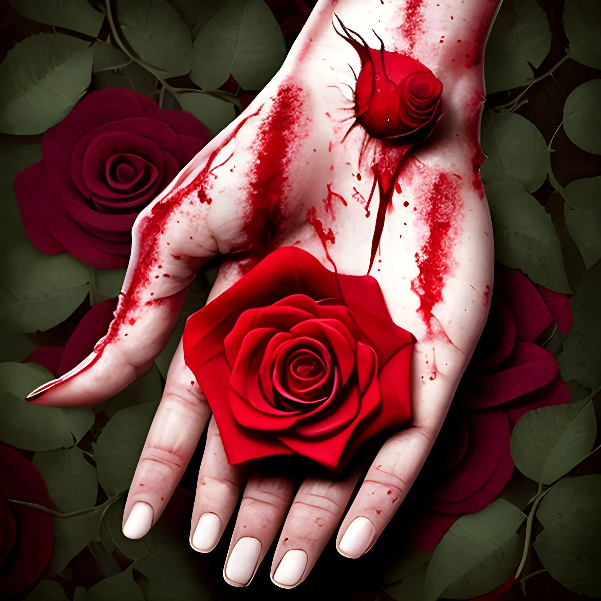 a severed, bloody hand holds a red rose., Trippy