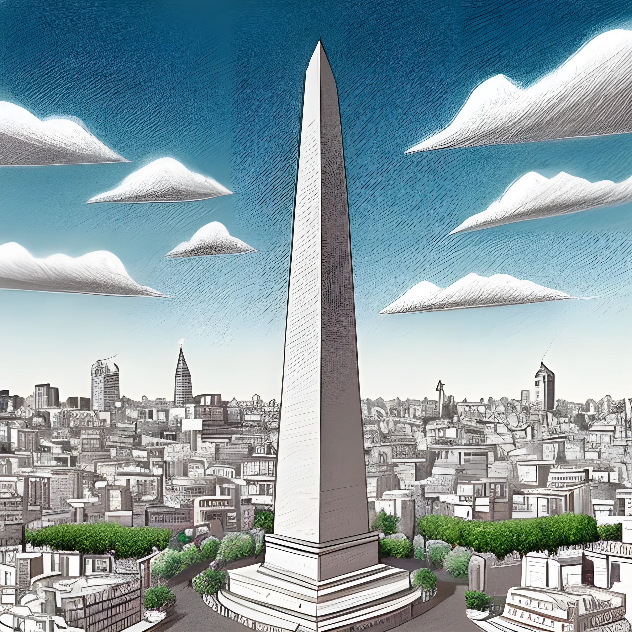 Imagine a 25-year-old person wearing traditional Argentine clothing, such as a colorful poncho and a distinctive hat. The person could be wearing a pair of bloomers (baggy pants) and espadrilles. His attire would reflect the rich culture and heritage of Argentina.

In the background, visualize the majestic Obelisk of Buenos Aires. This iconic monument stands in the center of the city, surrounded by the vibrant energy of urban life. The sky could be painted with warm tones that reflect the evening light, creating a stunning and evocative scene.

, Pencil Sketch, Cartoon