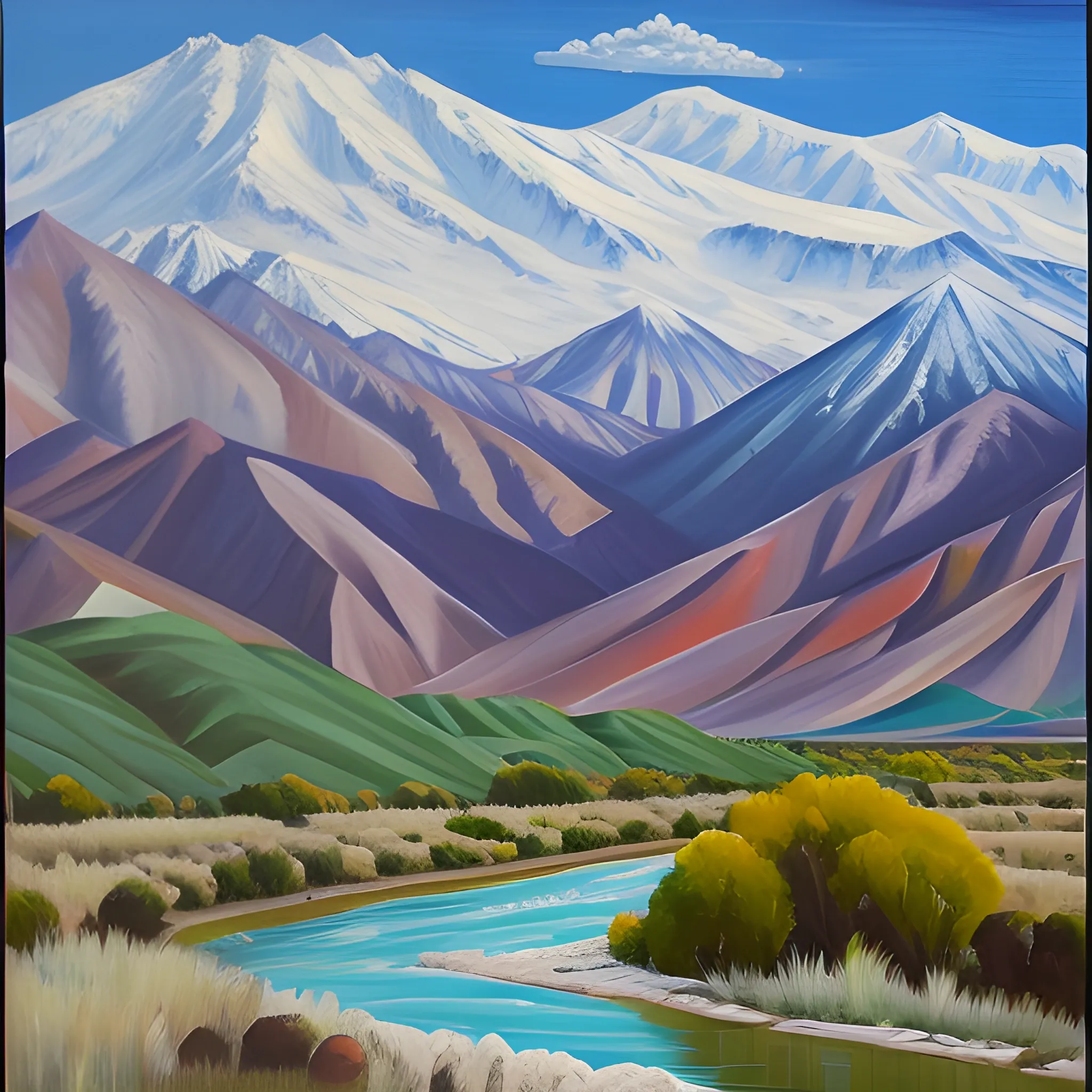 Typical landscape of the province of Mendoza, Argentina. Mountain, clouds, river., Oil Painting