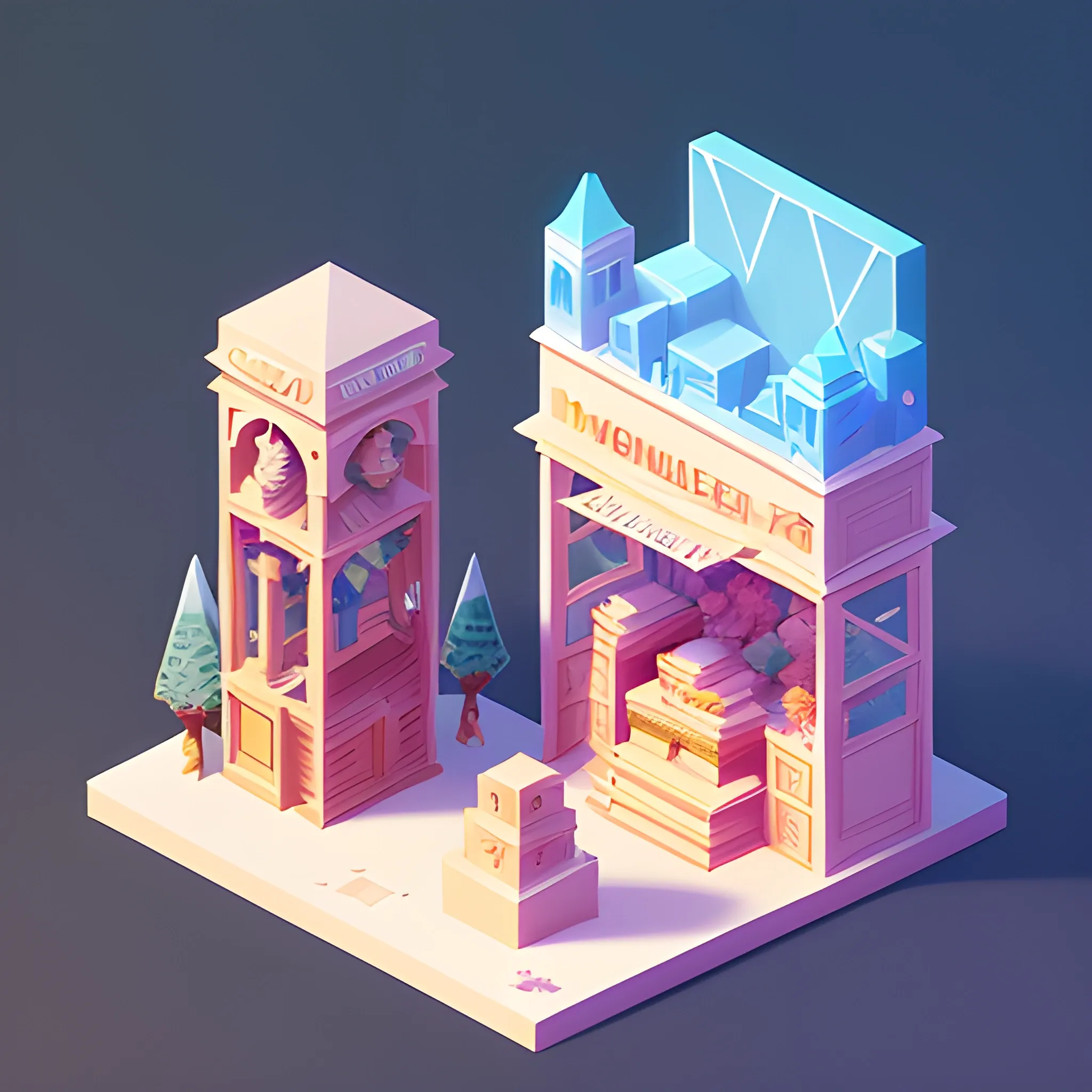 a low poly isometric render of mobile store in the style of monument valley, floral!, intricate, elegant, smooth shading, soft lighting, illustration, simple, solid shapes, by magali villeneuve, jeremy lipkin and michael garmash, rob rey and kentaro miura style, octane render, winter, new year