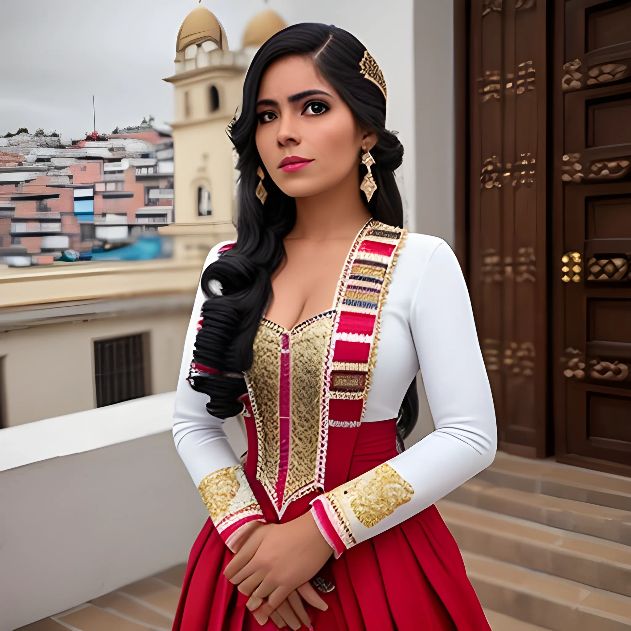 Una joven reina encantadora con cabello largo y traje elegante con edificios palaciegos al fondo. La mujer es peruana

