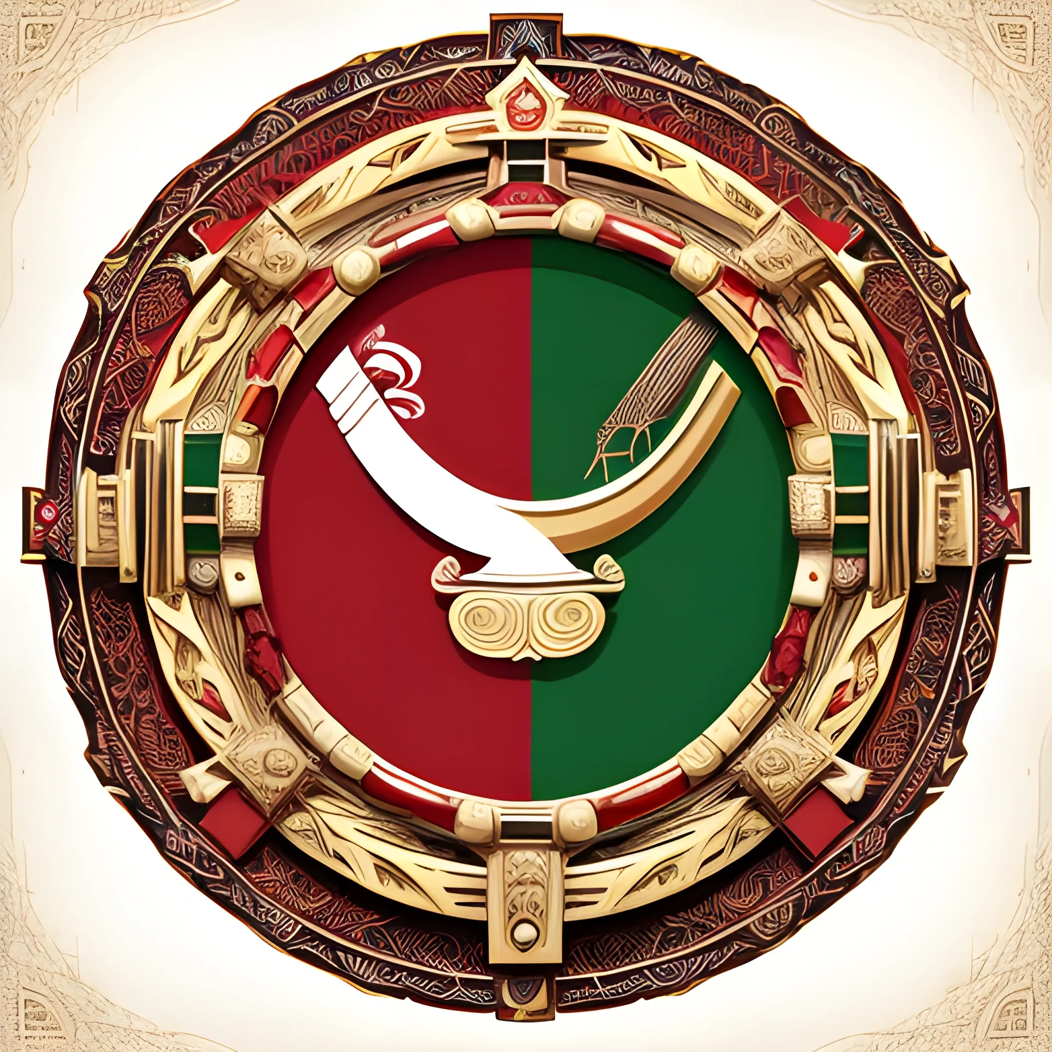 The Omani National Day, a blend of the past and the future unfolds, symbolizing the coexistence of tradition and modernity. The national flag, adorned with a pair of crossed swords and a Khanjar (traditional dagger), stands as a powerful emblem. Create a visually captivating representation capturing the essence of this day, Illustration, digital art with dynamic colors highlighting the unity of heritage and progress, --ar 16:9 --v 5