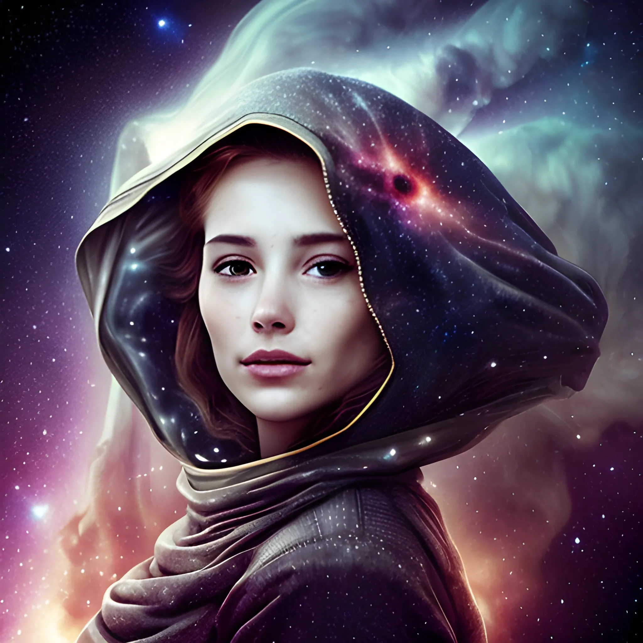 Interstellar nebula, beautiful woman head covered by nebula