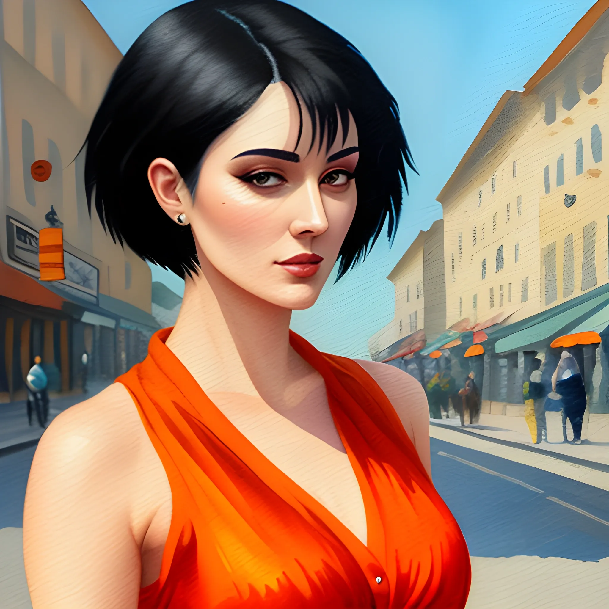 A 20-year-old young woman with short black hair, an innocent and beautiful face, wearing an orange long dress, walking on the street, oil painting style, Water Color