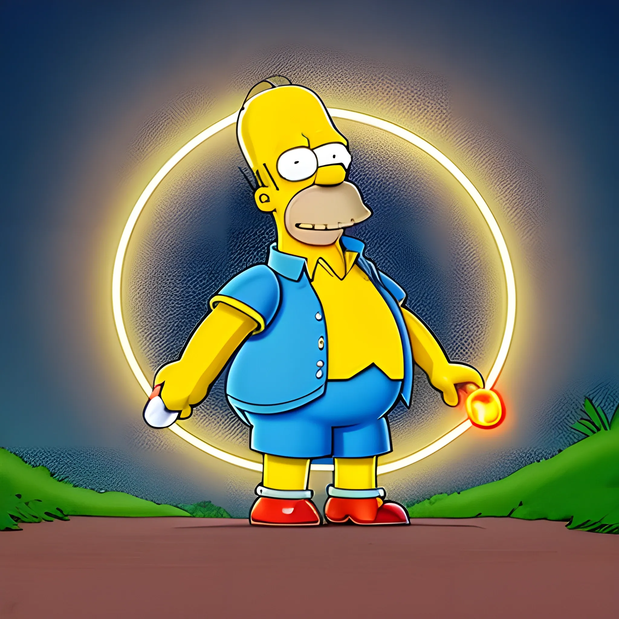 Homer Simpson, standing in the middle of the path, dressed in a magician's outfit, holds a magic wand from which a ray of light emanates