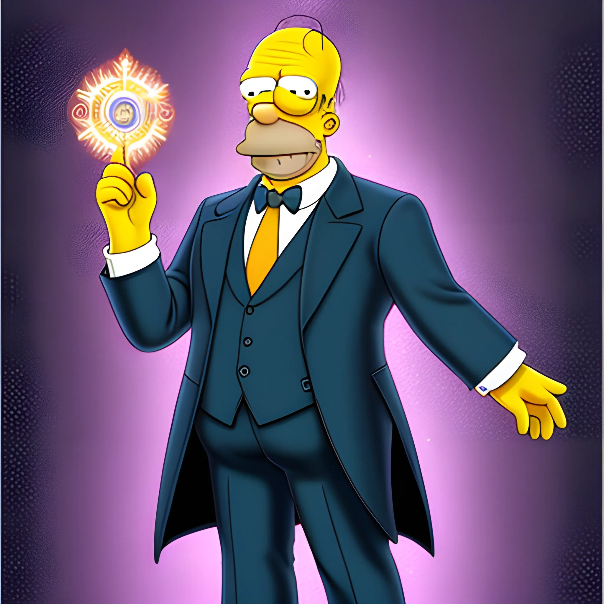 Homer Simpson, standing in the middle of the hyper detailed path, dressed in a hyper detailed magician's outfit, holds a hyper detailed magic wand from which a ray of light emanates, hyper detailed background