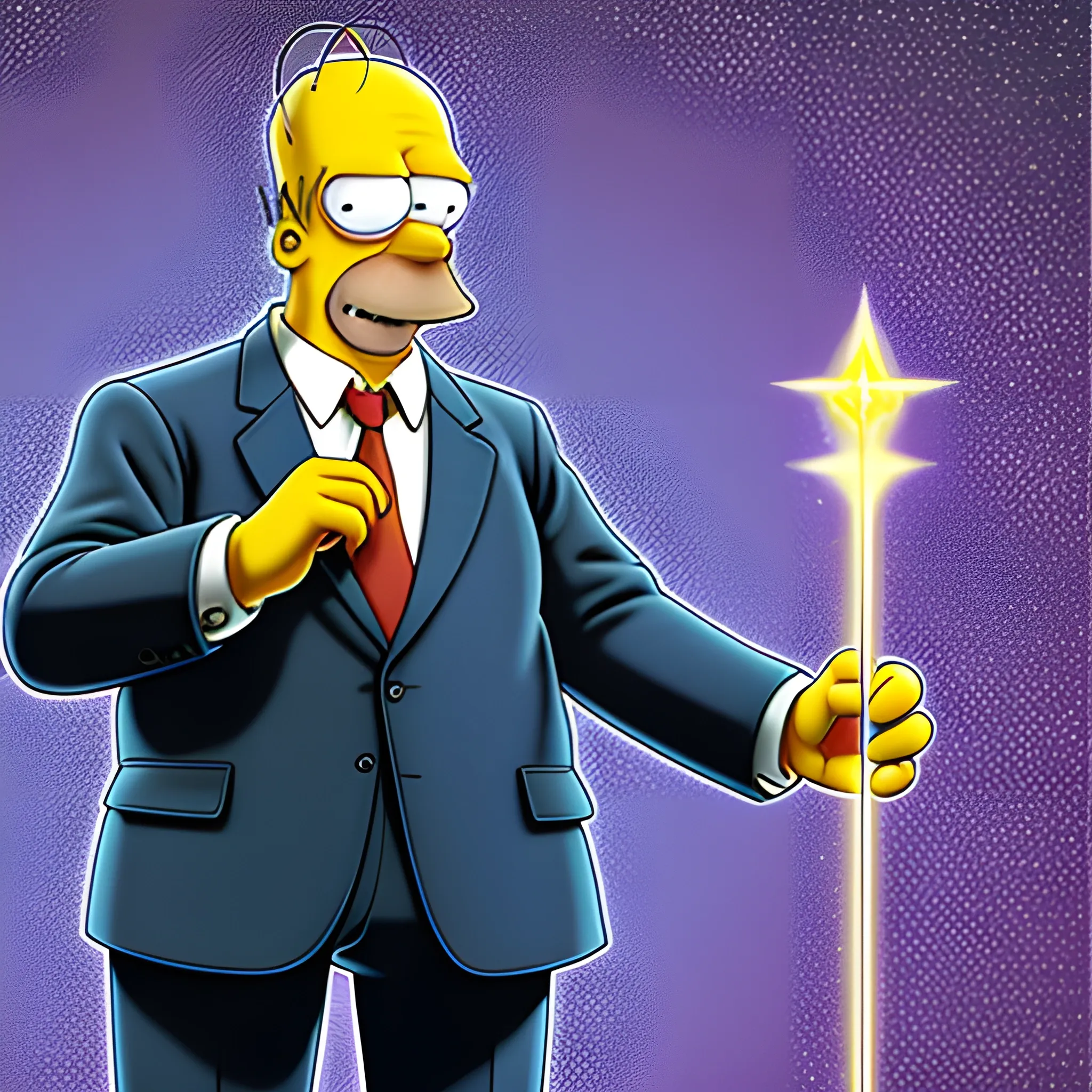 Homer Simpson, standing in the middle of the hyper detailed path, dressed in a hyper detailed magician's outfit, holds a hyper detailed magic wand from which a ray of light emanates, hyper detailed background