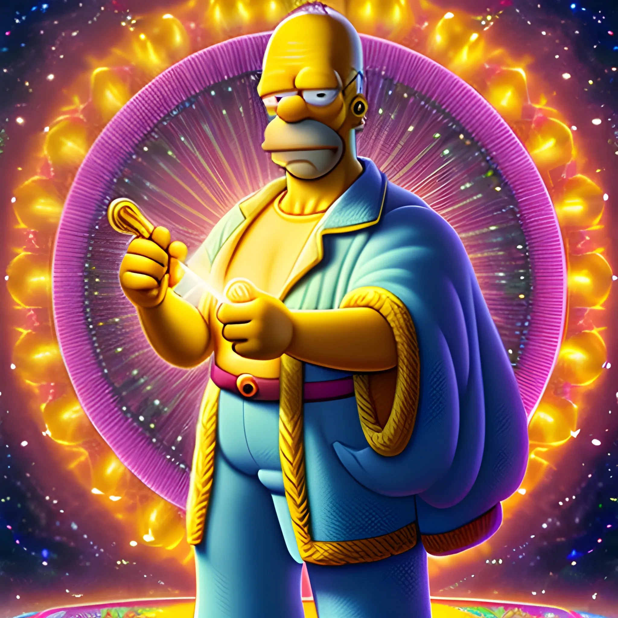 Homer Simpson, standing in the middle of the hyper detailed path, dressed in a hyper detailed sorcerer's outfit, holds a hyper detailed magic wand from which a ray of light emanates, hyper detailed background