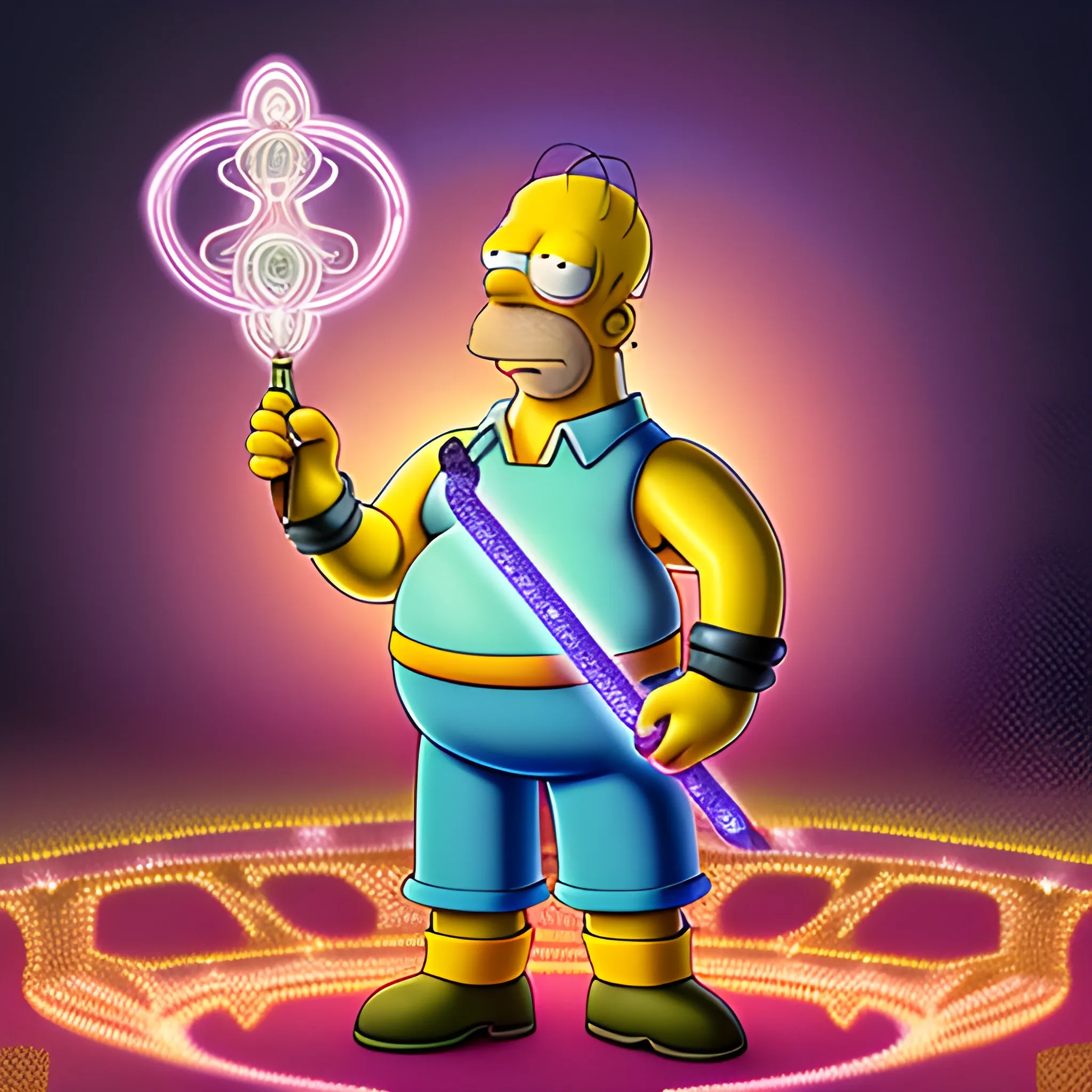 Homer Simpson, standing in the middle of the hyper detailed path, dressed in a hyper detailed sorcerer's outfit, holds a hyper detailed magic wand from which a ray of light emanates, hyper detailed magical background