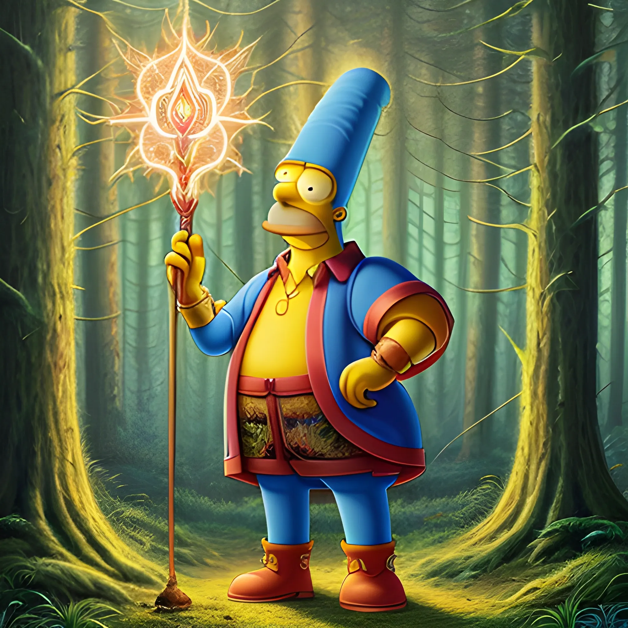 Homer Simpson, standing in the middle of the forrest path, dressed in a hyper detailed sorcerer's outfit, holds a hyper detailed magic wand from which a ray of light emanates, hyper detailed magical background