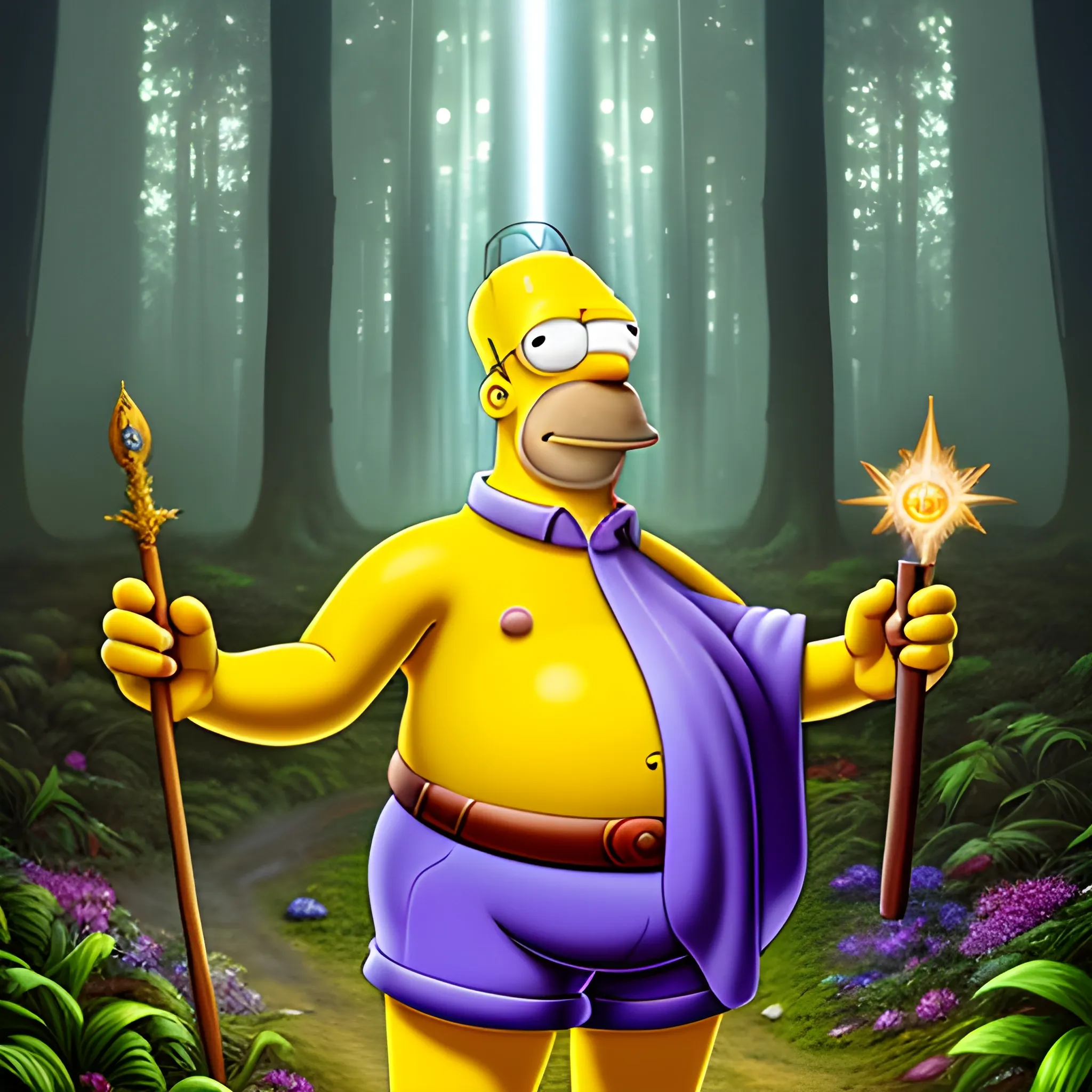 Homer Simpson, standing in the middle of the forrest path, dressed in a hyper detailed sorcerer's outfit, holds a hyper detailed magic wand from which a ray of light emanates, hyper detailed magical background