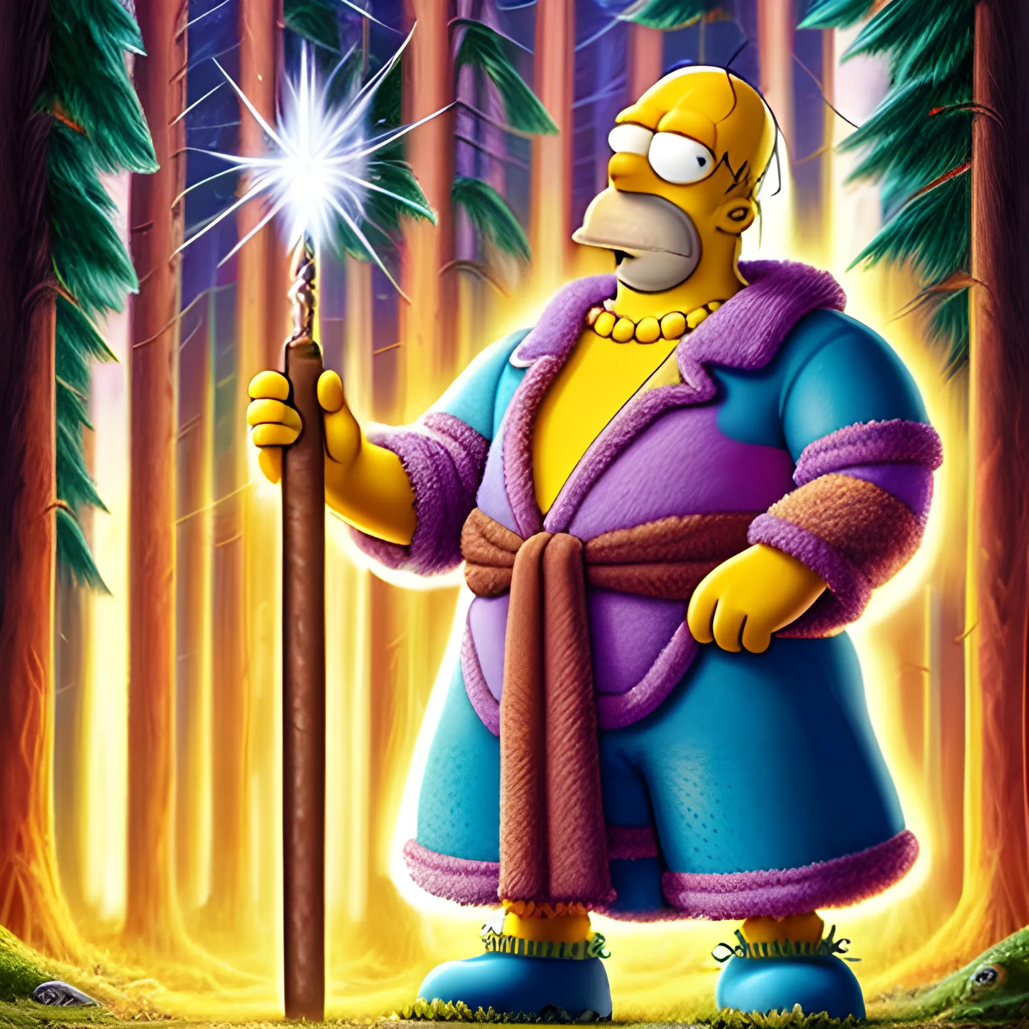 Homer Simpson, standing in the middle of the forrest path, dressed in a hyper detailed sorcerer's outfit, holds a hyper detailed magic wand from which a ray of light emanates, hyper detailed magical background